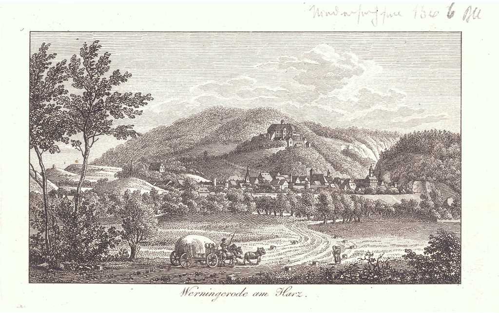Wernigerode: Stadt und Schloß von Nordwesten, nach 1815 (Riepenhausen: Stammbuchblatt) (Schloß Wernigerode GmbH RR-F)