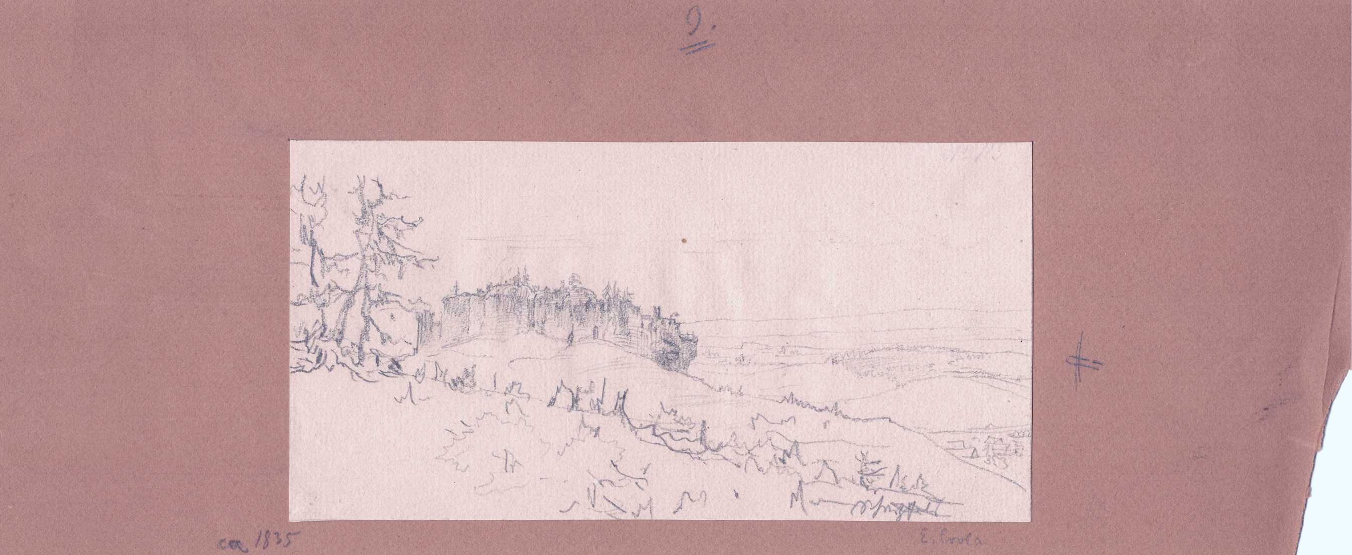 Ruine der Burg Scharzfels aus der Ferne, von Elise Crola, nach 1840 (Schloß Wernigerode GmbH RR-F)