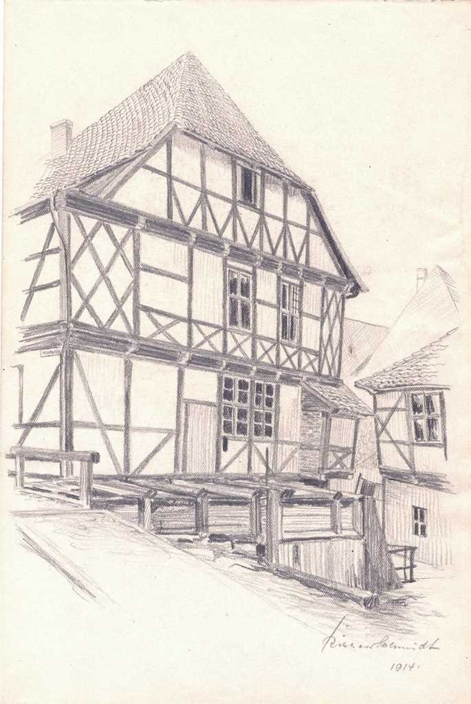 Schiefes Haus mit Heidemühlgraben in Wernigerode, von Richard Schmidt, 1914 (Schloß Wernigerode GmbH RR-F)