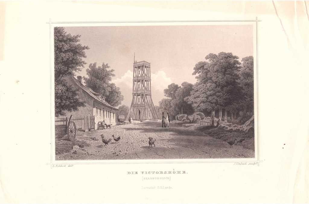 Viktorshöhe: Hölzerner Aussichtsturm und Gastwirtschaft, 1855? (aus: Lange ?) (Schloß Wernigerode GmbH RR-F)