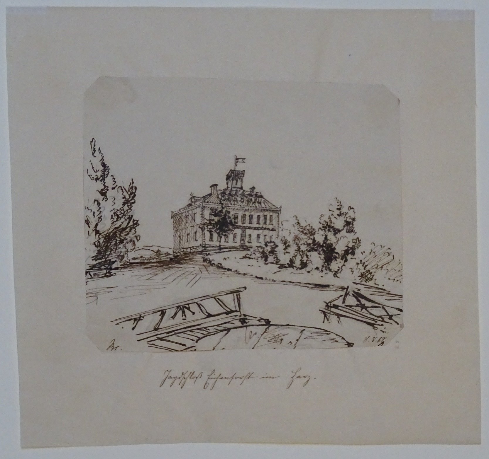 Luisenhorst: Ansicht des Jagdschloss und des umgebenden Parks , gezeichnet von Breton, 8. August 1868 (Schloß Wernigerode GmbH RR-F)