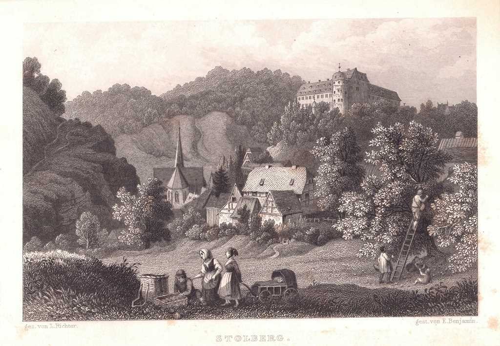 Stolberg (Harz): Stadt und Schloss von Osten, 1838 (aus: Wigand "Wanderung durch den Harz") (Schloß Wernigerode GmbH RR-F)