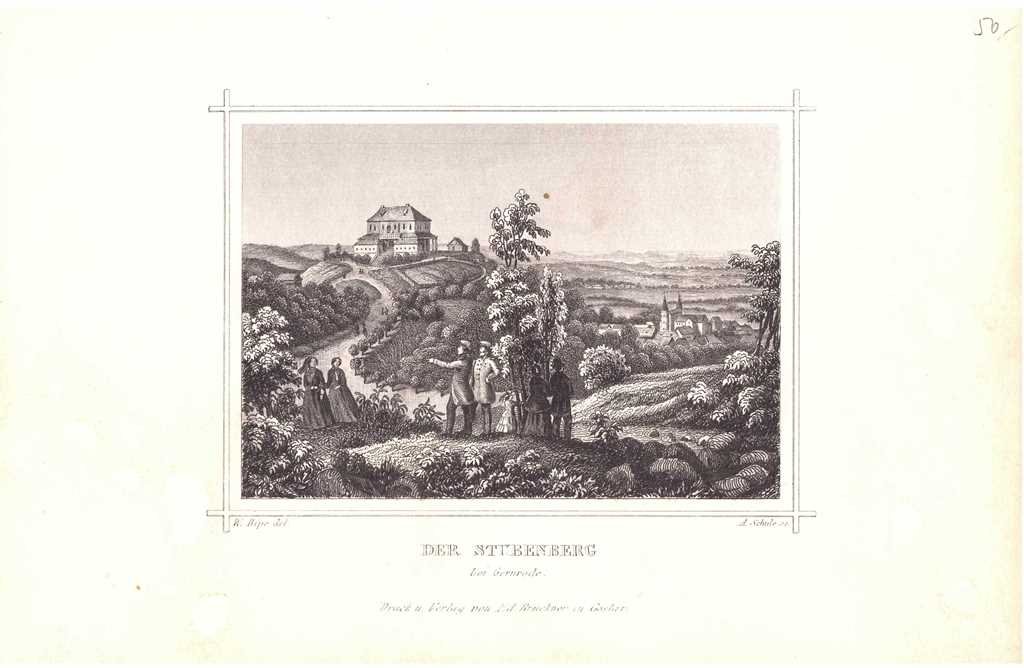 Gernrode: Stubenberg von Nordosten, im Hintergrund die Stadt mit der Stiftskirche, 1855 (aus: Brückner "Der Harz") (Schloß Wernigerode GmbH RR-F)