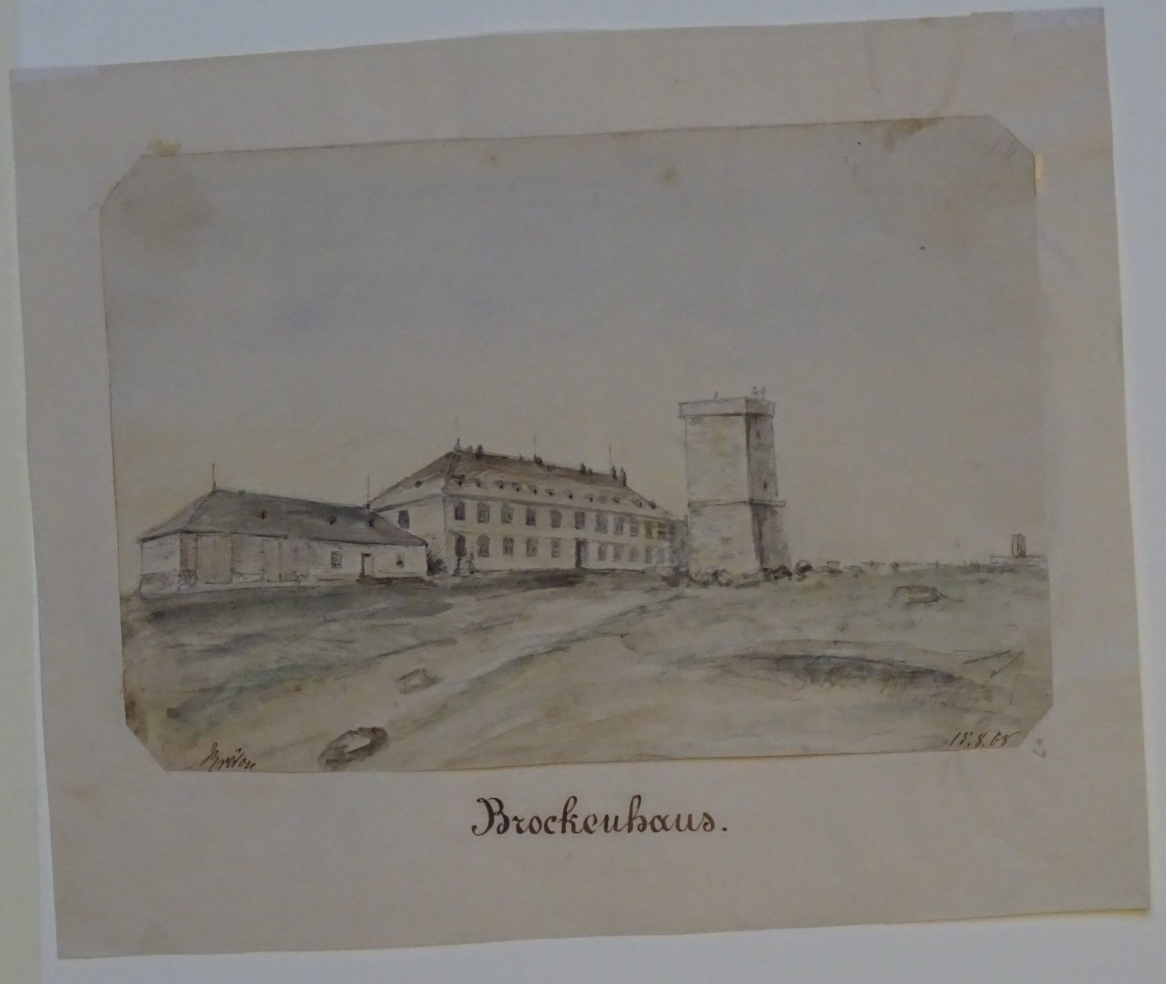 Brocken: Brockenhaus mit Aussichtsturm, gezeichnet von Breton, 18. August 1868 (Schloß Wernigerode GmbH RR-F)