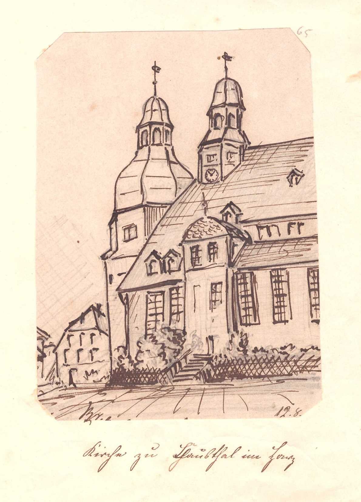 Clausthal: Kirche von Südosten, gezeichnet von Breton, 12. August 1888 (Schloß Wernigerode GmbH RR-F)