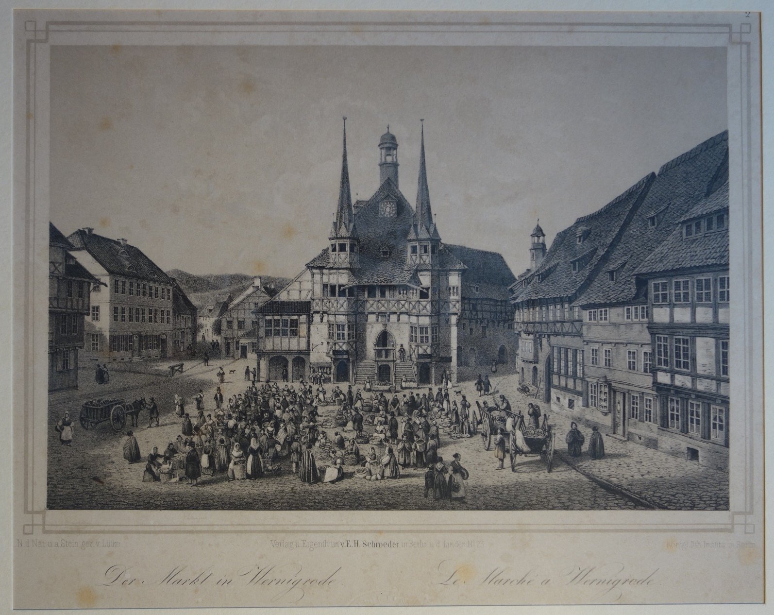 Wernigerode: Rathaus mit Marktgeschehen, 1838 (aus: Schroeder "Der Harz") (Schloß Wernigerode GmbH RR-F)