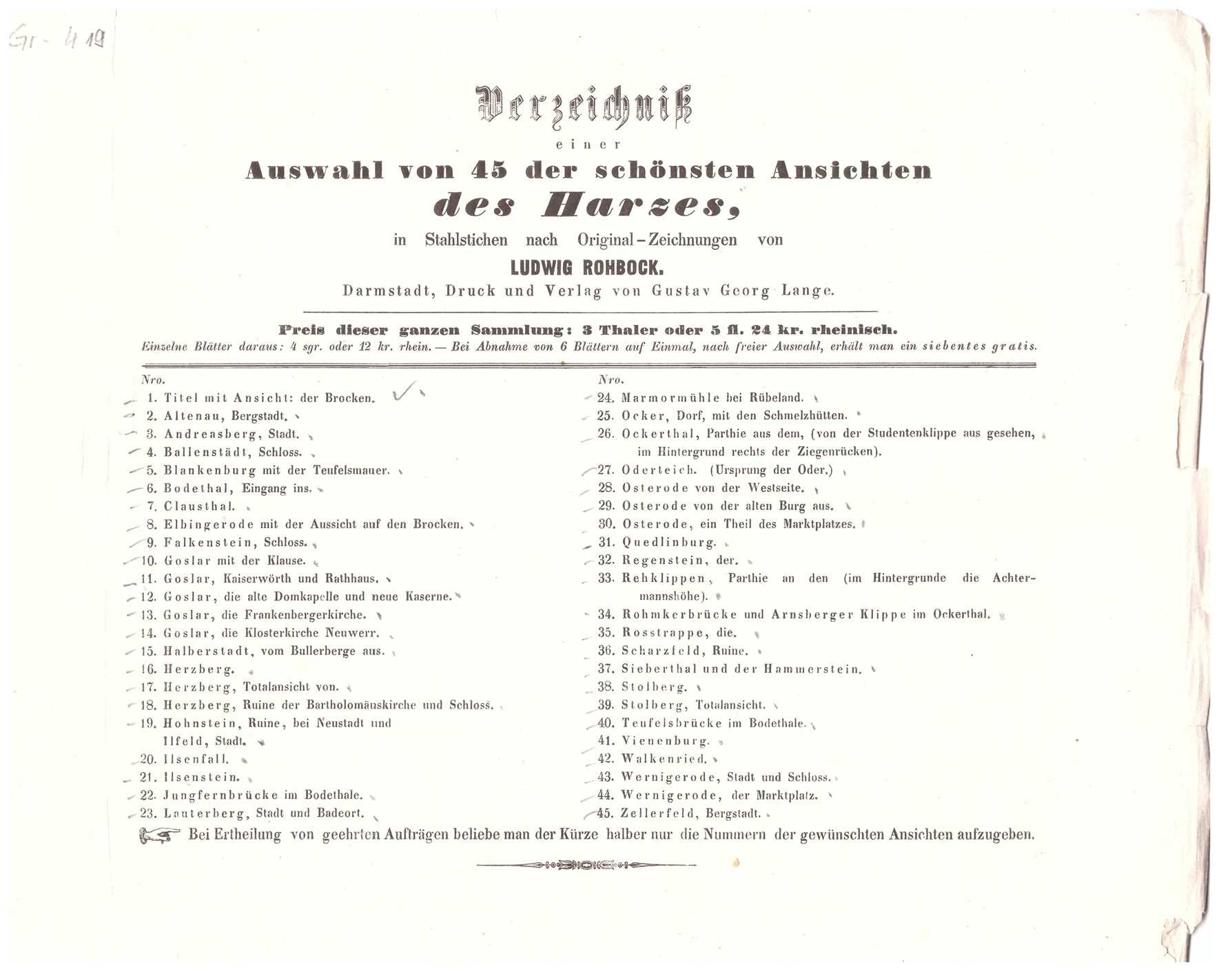 Harz: Inhaltsverzeichnis für "Der Harz in Originalansichten", bei Lange in Darmstadt, 1854 (Schloß Wernigerode GmbH RR-F)