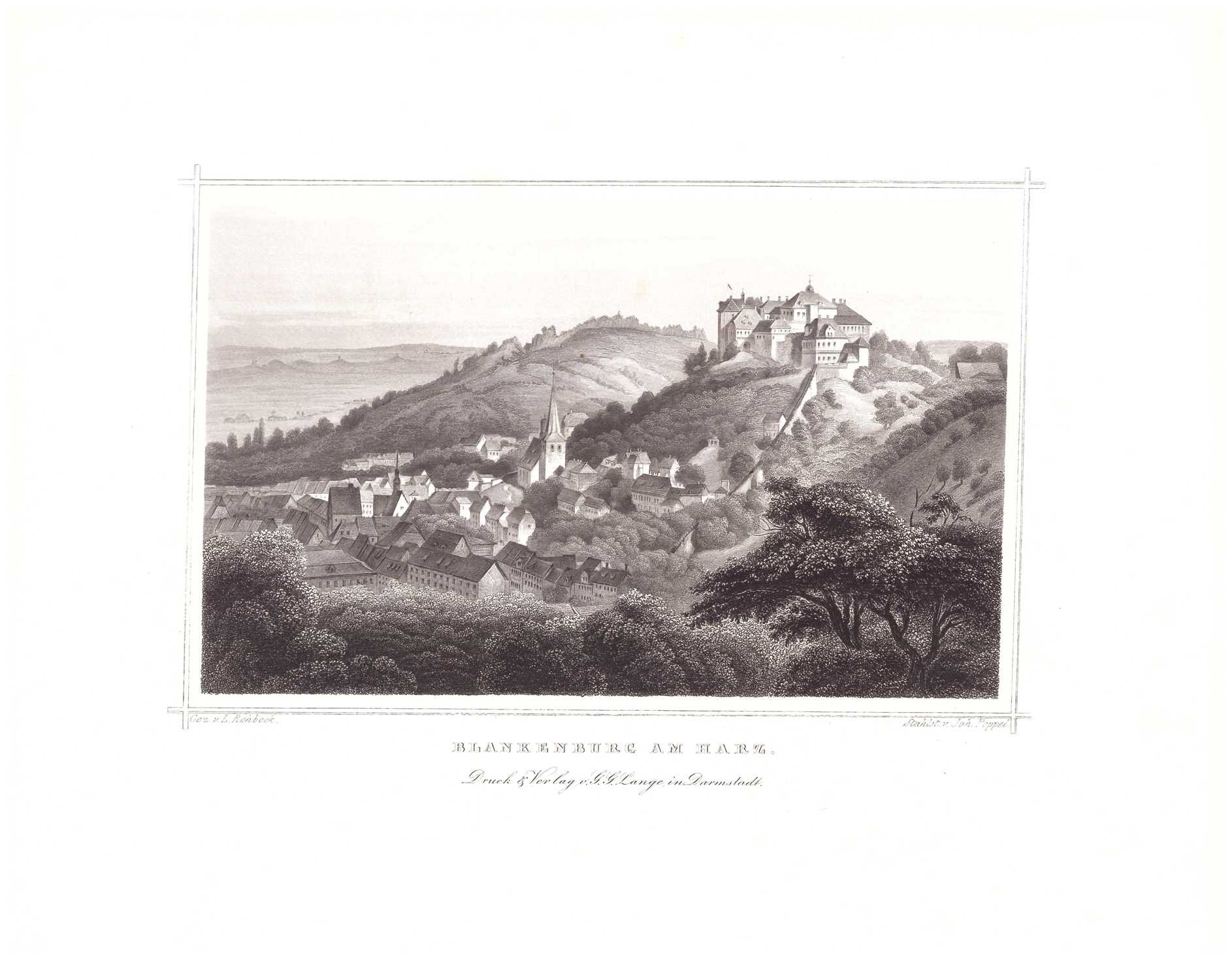 Blankenburg (Harz): Stadt und Schloss von Westen, 1854 (aus: Lange "Der Harz") (Schloß Wernigerode GmbH RR-F)