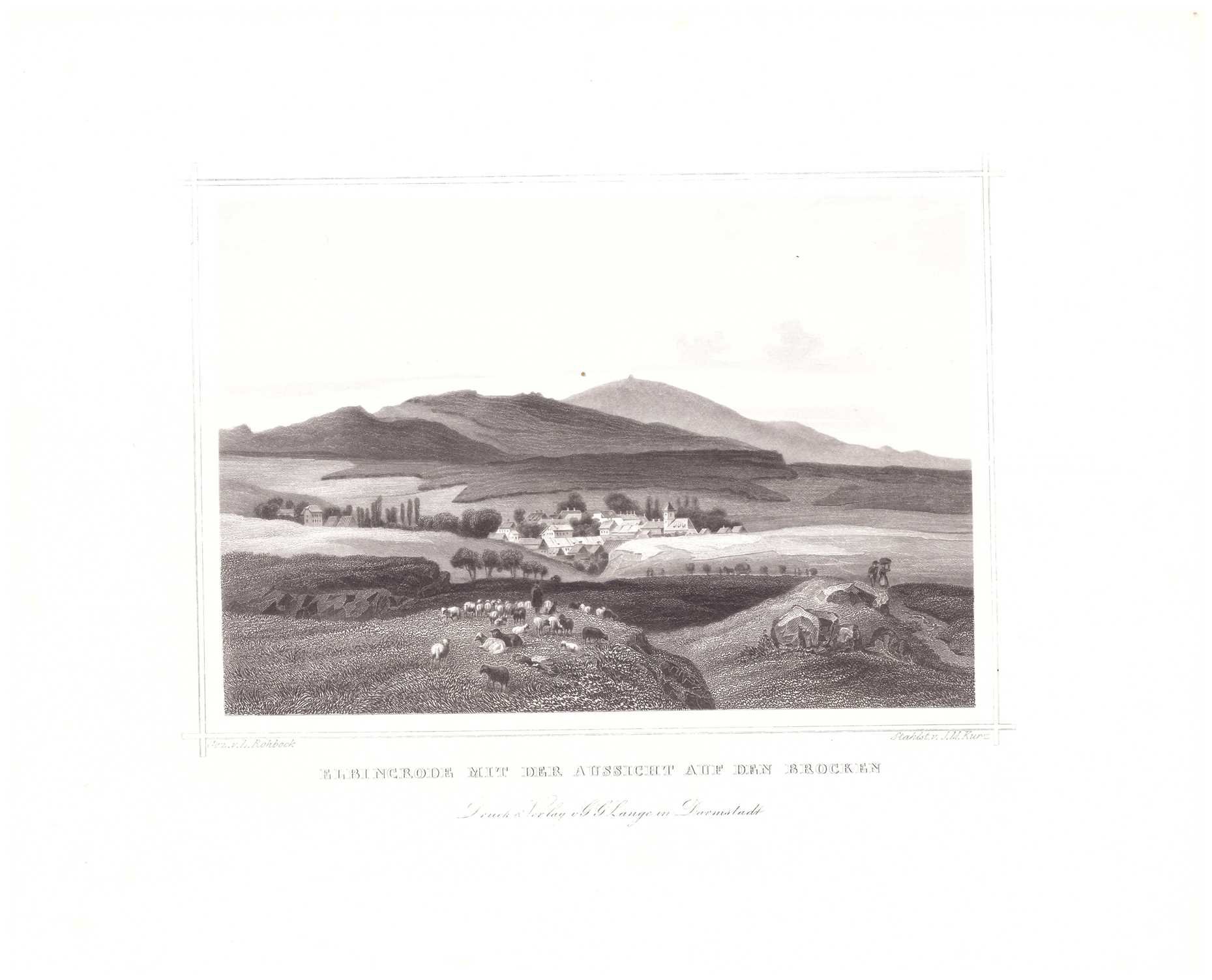 Elbingerode: Stadt mit der Aussicht auf den Brocken, 1854 (aus: Lange "Der Harz") (Schloß Wernigerode GmbH RR-F)