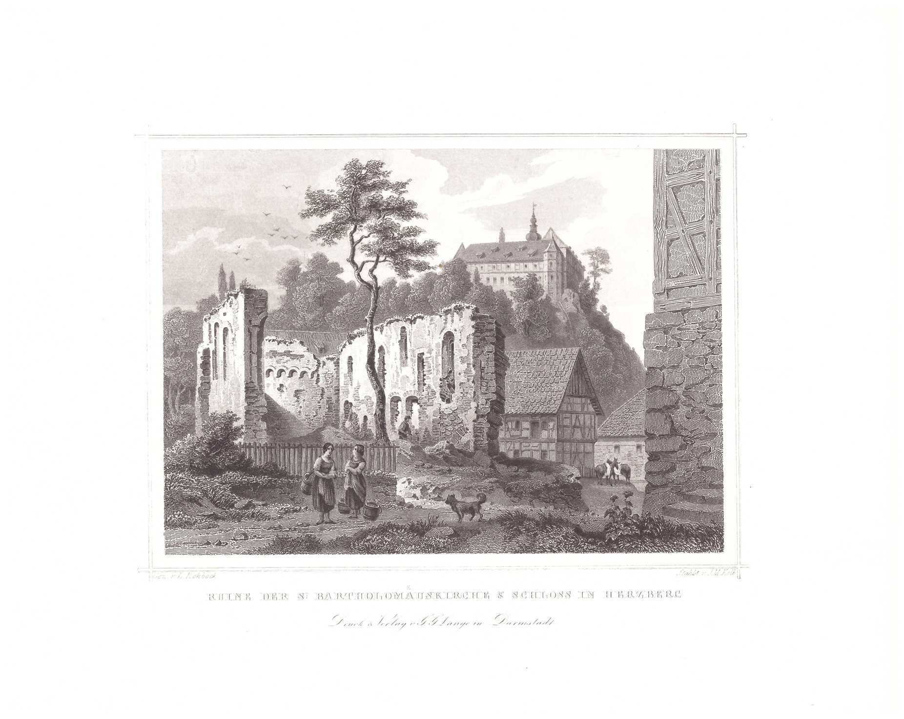 Herzberg am Harz: Bartholomäuskirche und Schloss, 1854 (aus: Lange "Der Harz") (Schloß Wernigerode GmbH RR-F)