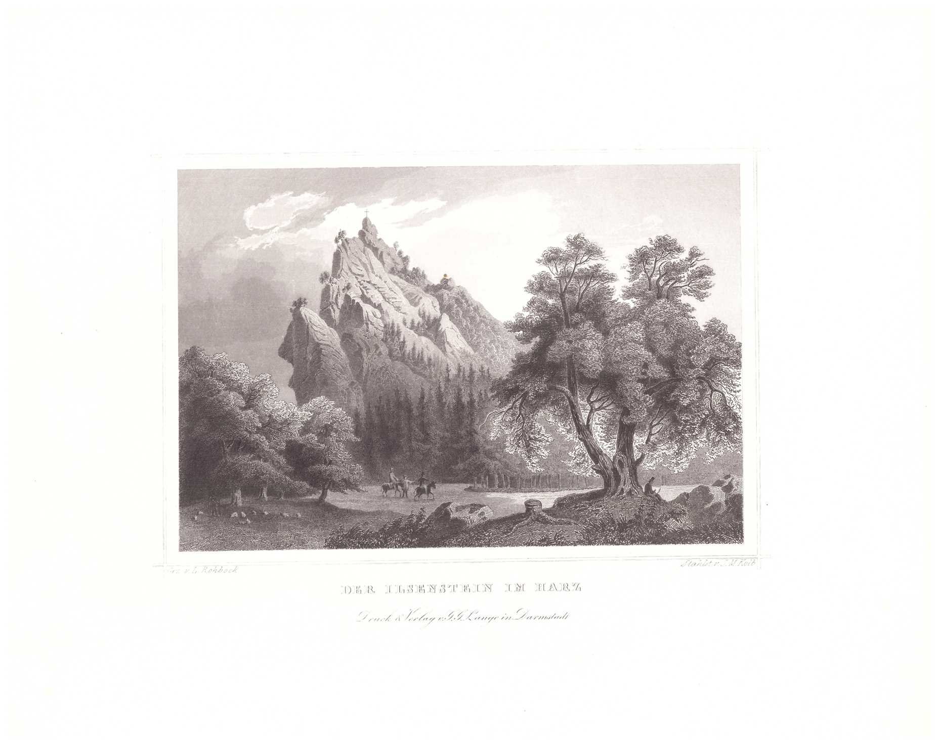 Ilsetal: Ilsestein vom Tal aus, 1854 (aus: Lange "Der Harz") (Schloß Wernigerode GmbH RR-F)