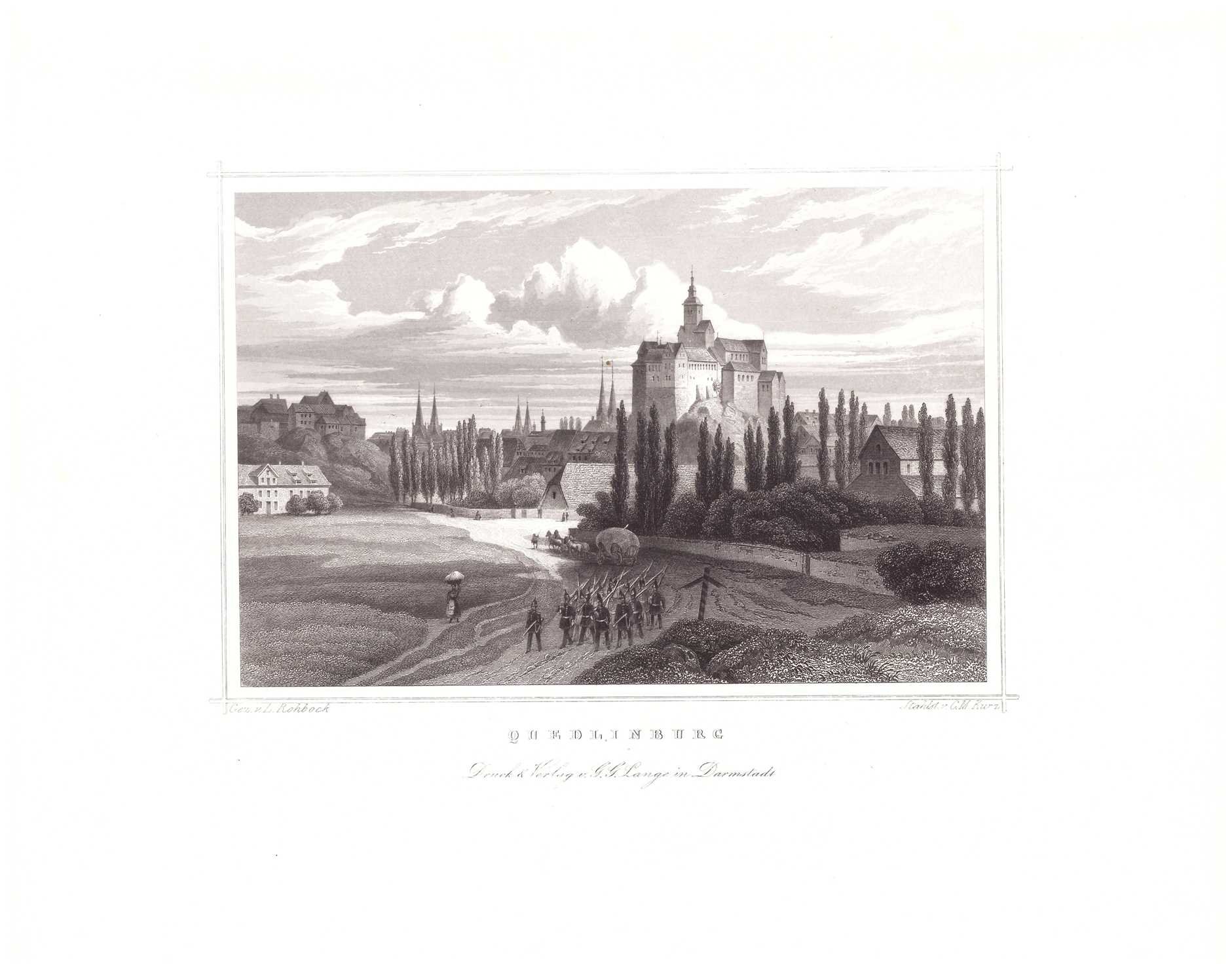 Quedlinburg: Schloßberg, Stadt und Münzenberg von Süden, um 1854 (aus: Lange "Der Harz") (Schloß Wernigerode GmbH RR-F)