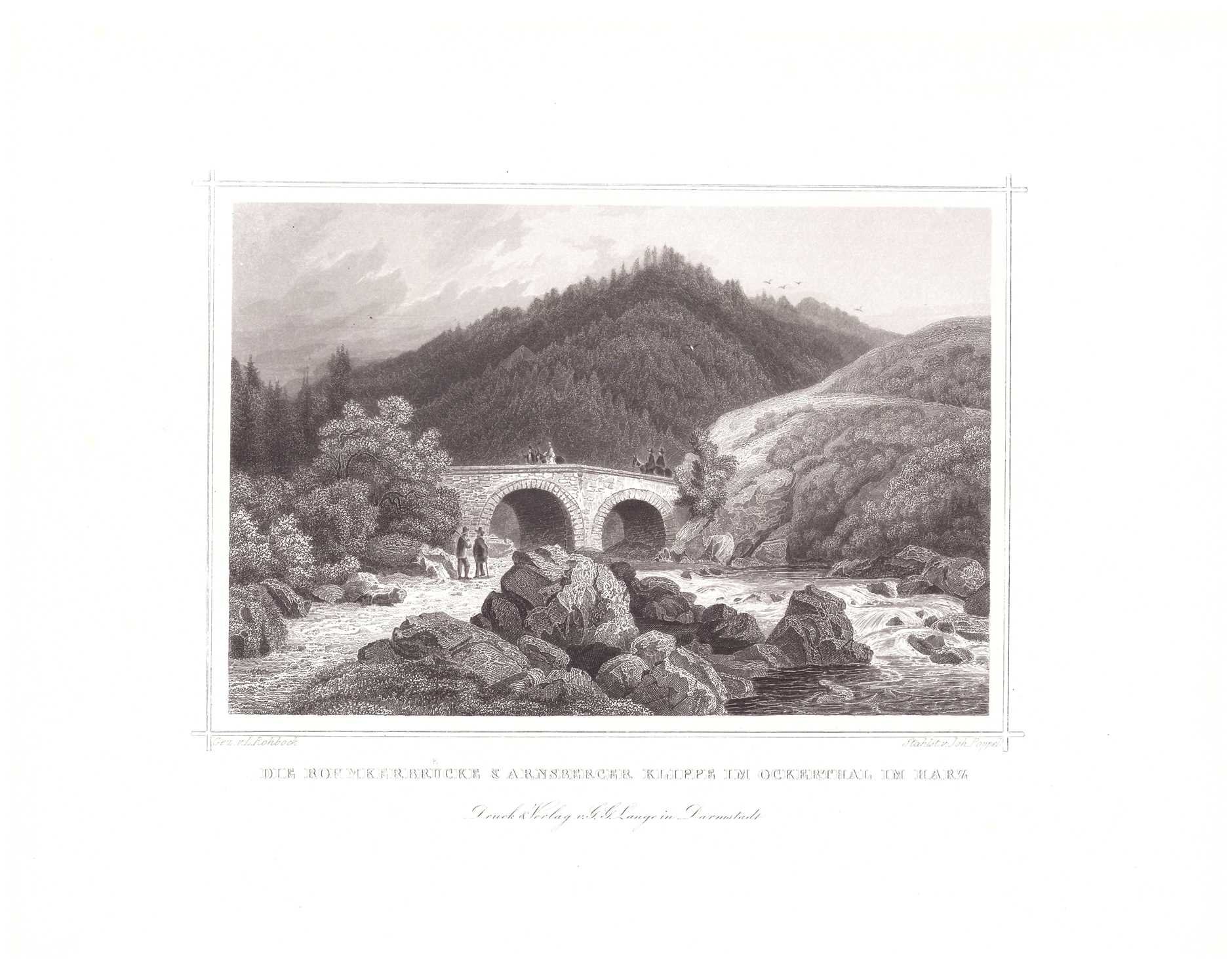 Okertal: Romkerbrücke und Blick zu den Ahrensberger Klippen, 1854 (aus Lange "Der Harz") (Schloß Wernigerode GmbH RR-F)