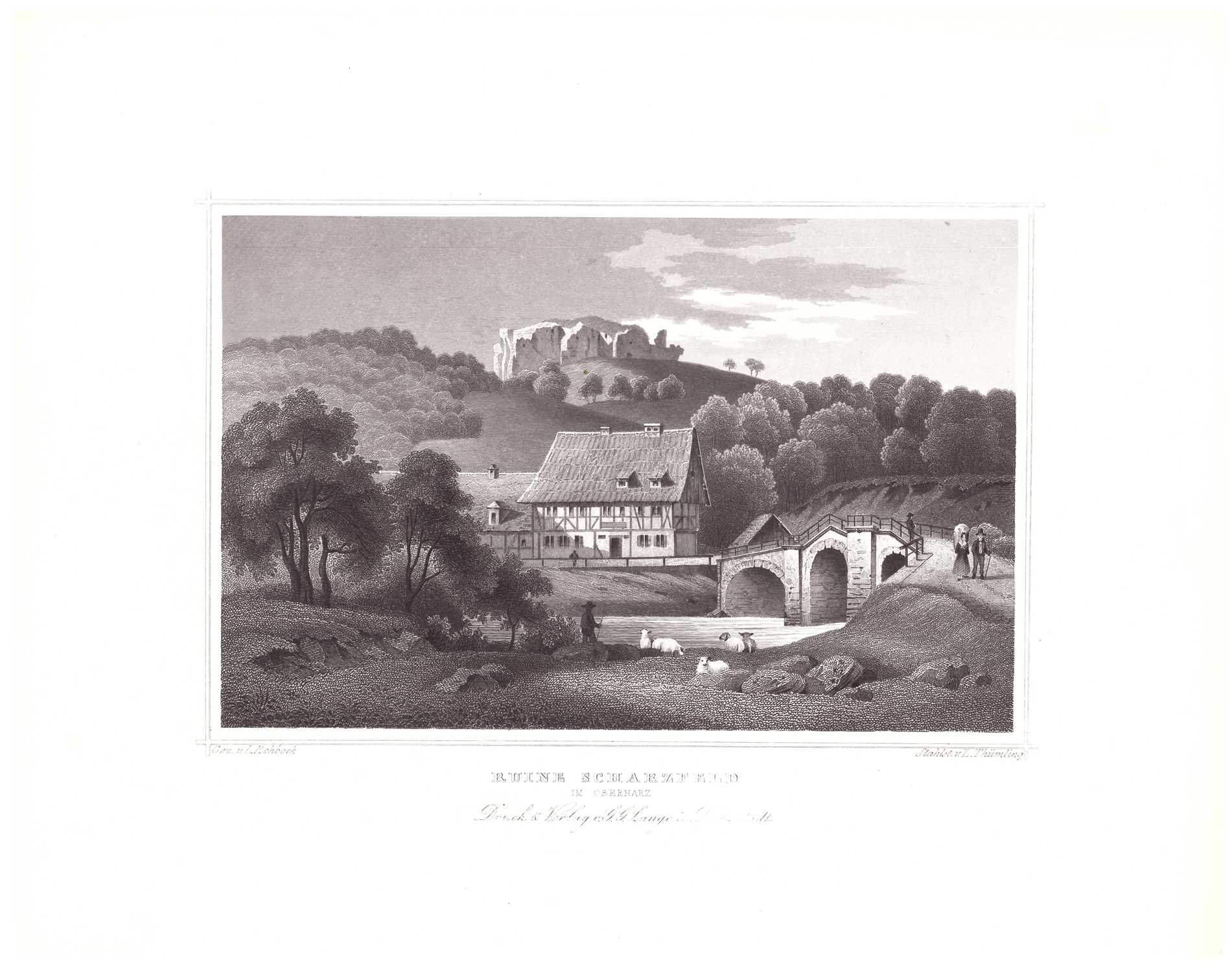 Scharzfeld: Brücke über die Oder und Burg Scharzfels von Süden, 1854 (aus Lange "Der Harz") (Schloß Wernigerode GmbH RR-F)