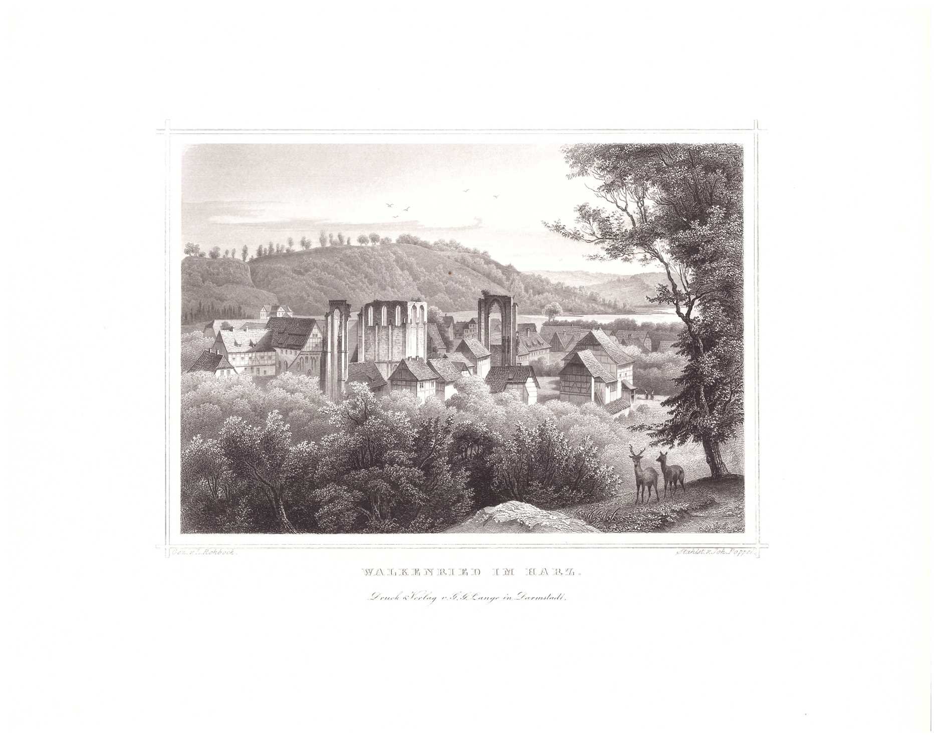 Walkenried: Ort und Klosterruine von Nordosten, 1854 (aus: Lange "Der Harz") (Schloß Wernigerode GmbH RR-F)