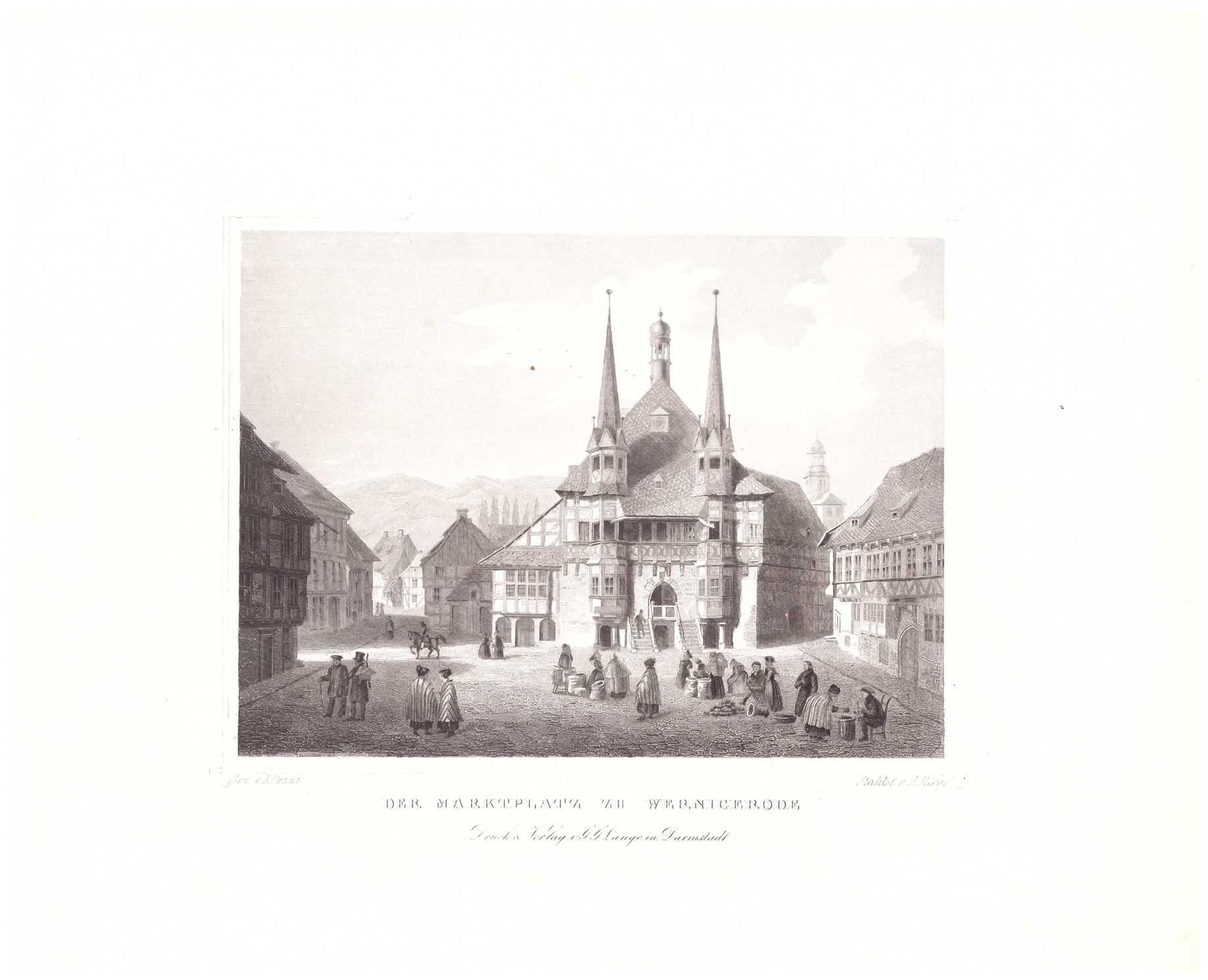 Wernigerode: Marktplatz mit Rathaus von Norden, 1854 (aus: Lange "Der Harz") (Schloß Wernigerode GmbH RR-F)