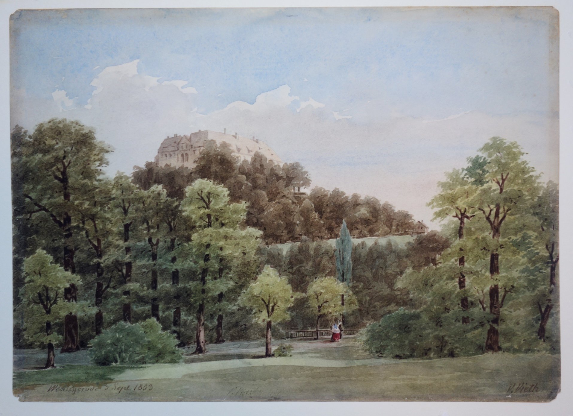 Wernigerode: Blick aus dem Lustgarten zum Schloß Wernigerode, aquarelliert von V. Vieth, 4. September 1852 (Schloß Wernigerode GmbH RR-F)