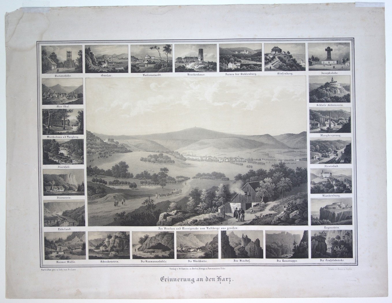 Wernigerode: Souvenirblatt mit 24 Teilansichten und einer Gesamtansicht von Wernigerode, um 1845 (Schloß Wernigerode GmbH RR-F)
