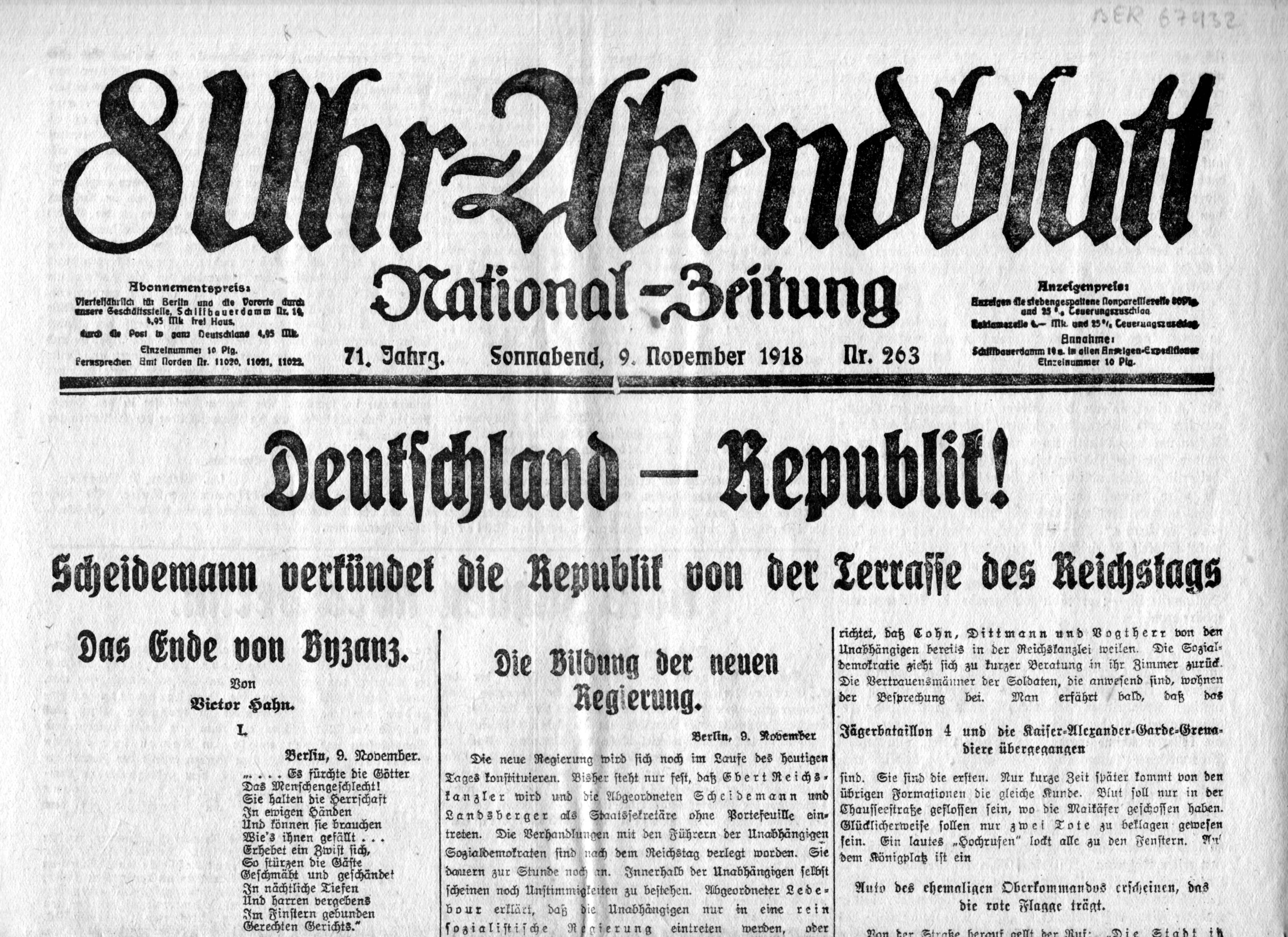 8 Uhr Abendblatt National-Zeitung , 71. Jg. Nr. 263 vom Sonnabend, dem 9. November 1918 (Schloß Wernigerode GmbH RR-F)