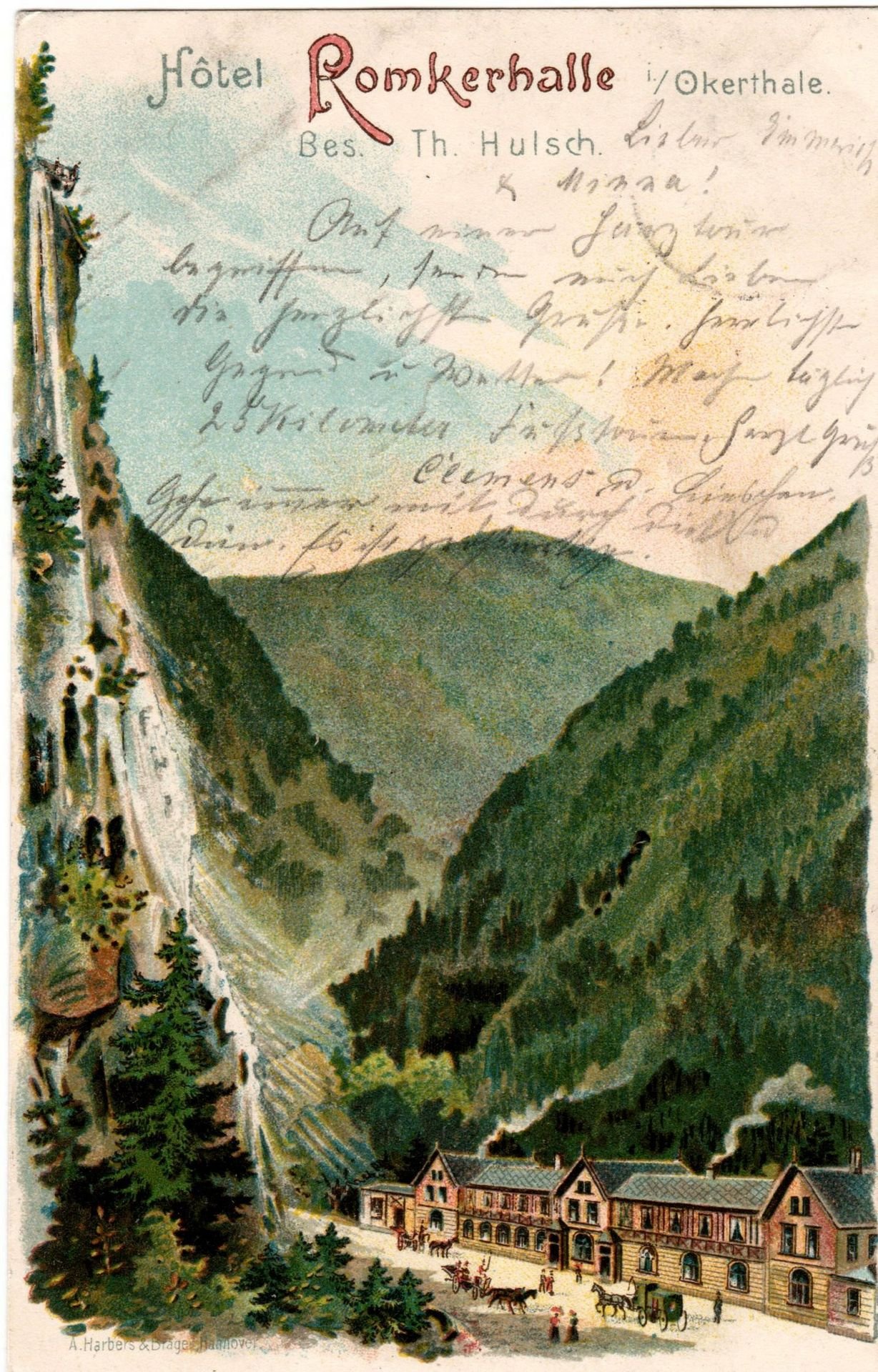 Okertal: Romkerhall, Wirtshaus und Wasserfall, Ansichtskarte, um 1900 (Schloß Wernigerode GmbH RR-F)
