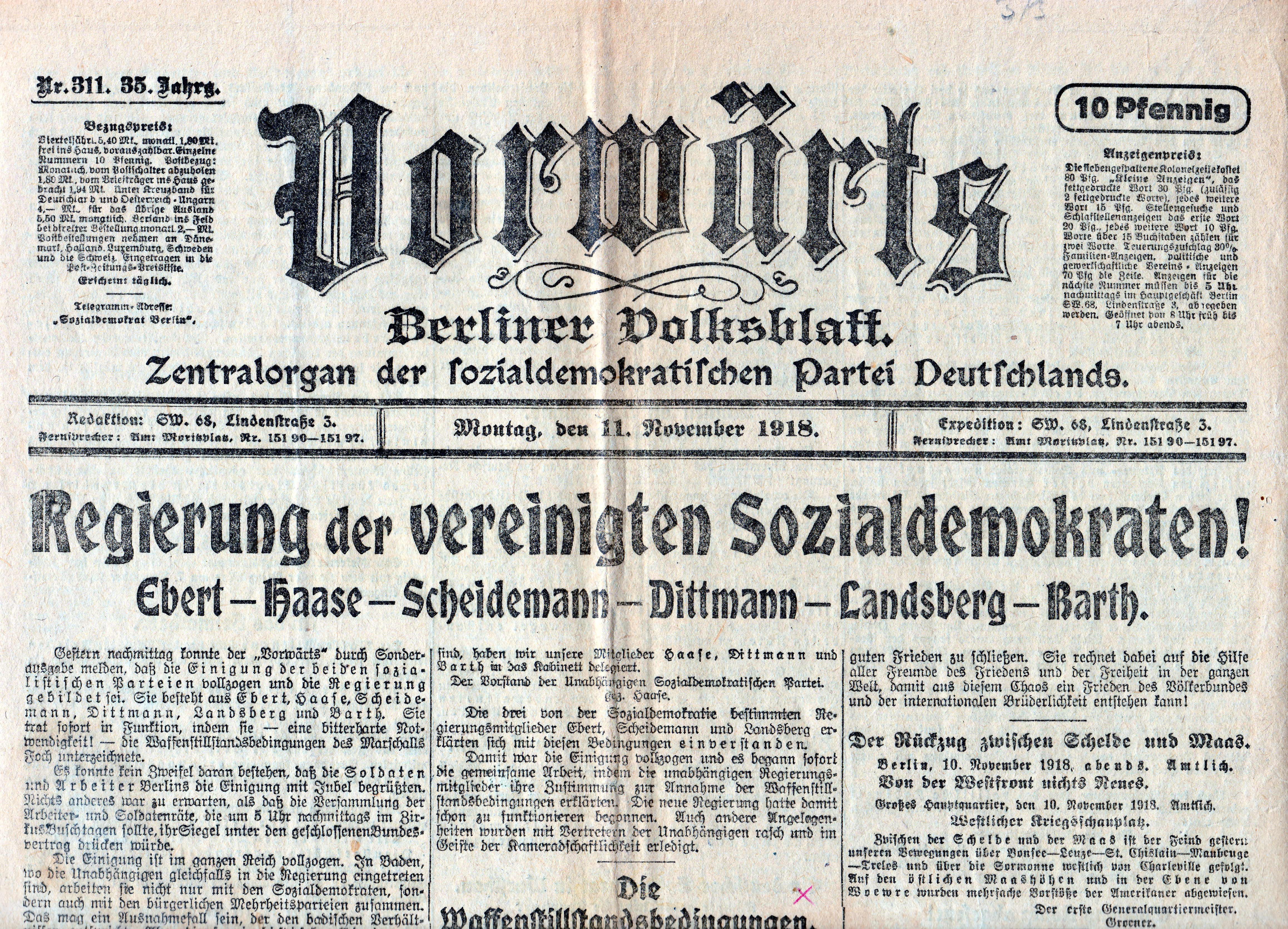 Zeitung "Vorwärts" vom Montag, dem 11. November 1918 (Schloß Wernigerode GmbH RR-F)