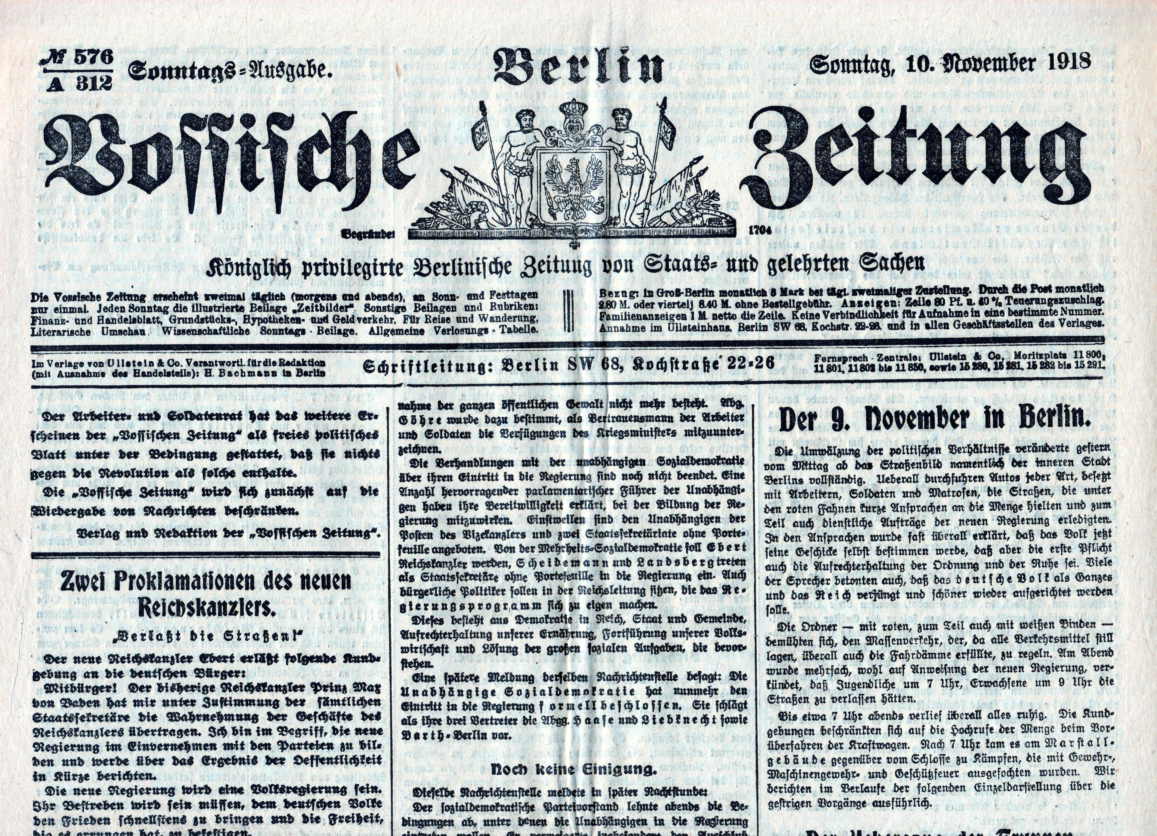 Vossische Zeitung vom Sonntag, dem 10. November 1918 (Schloß Wernigerode GmbH RR-F)