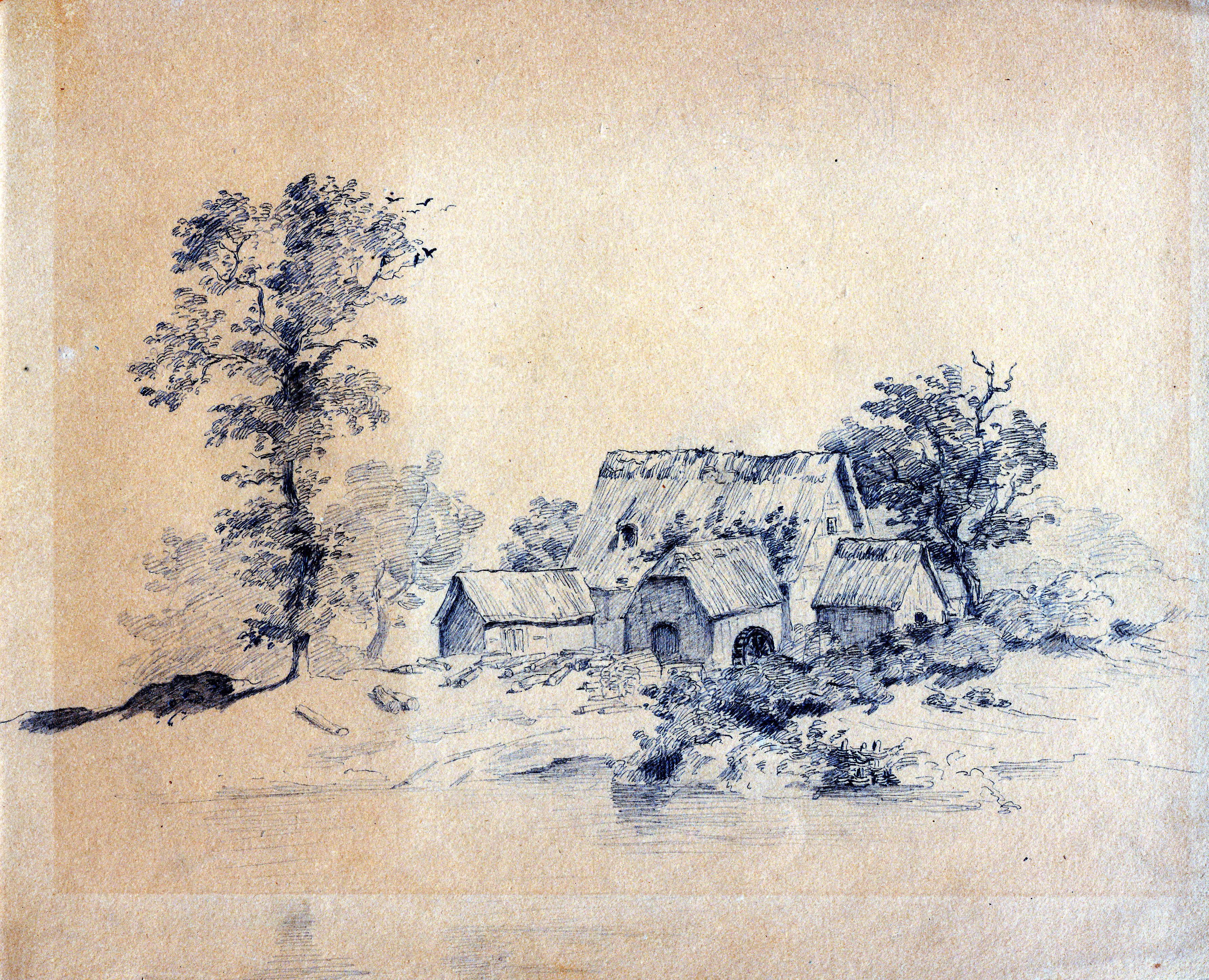 Kleines Gehöft mit Nebengebäuden und Strohdächern um 1840, von Carl Christian Andreae (Schloß Wernigerode GmbH RR-F)
