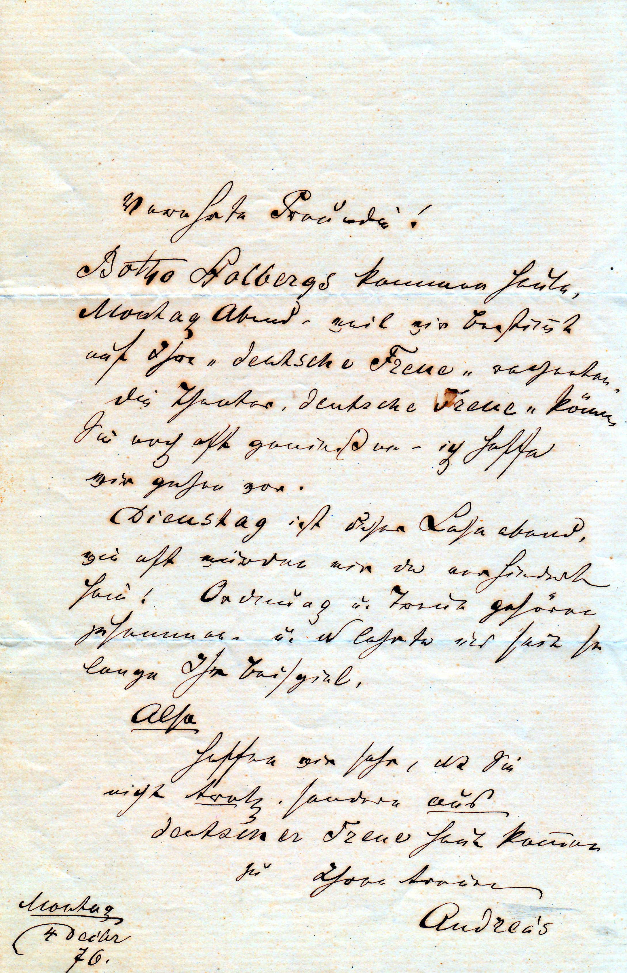 Brief von Carl Christian Andreae an eine unbekannte Frau vom 4. Dezember 1876 (Schloß Wernigerode GmbH RR-F)