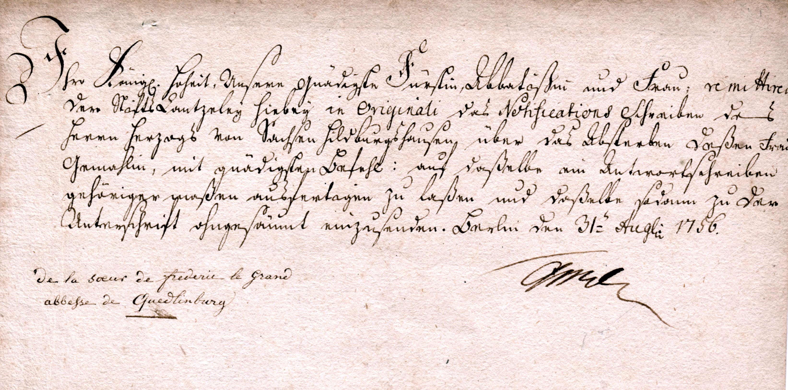 Brief der Amalie Prinzessin von Preußen (1723-1787) an die Stiftskanzlei in Quedlinburg, 1756 (Schloß Wernigerode GmbH RR-F)