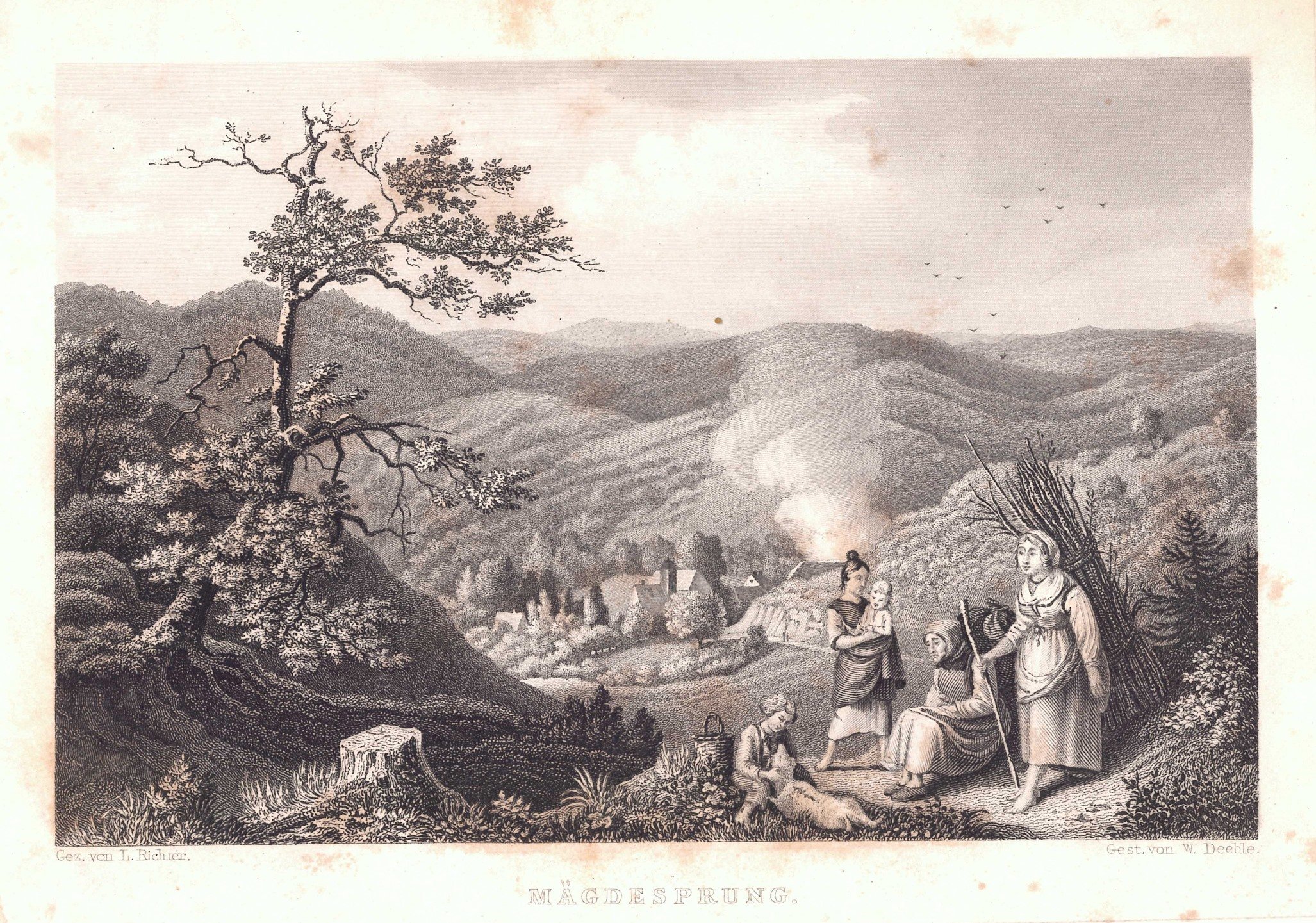 Mägdesprung: Ort von Süden aus der Ferne, 1838 (aus: Wigand "Wanderung durch den Harz") (Schloß Wernigerode GmbH RR-F)