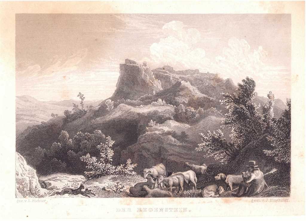 Regenstein: Felsen und Ruine von Südwesten mit Schafherde, 1838 (aus: Wigand (Schloß Wernigerode GmbH RR-F)