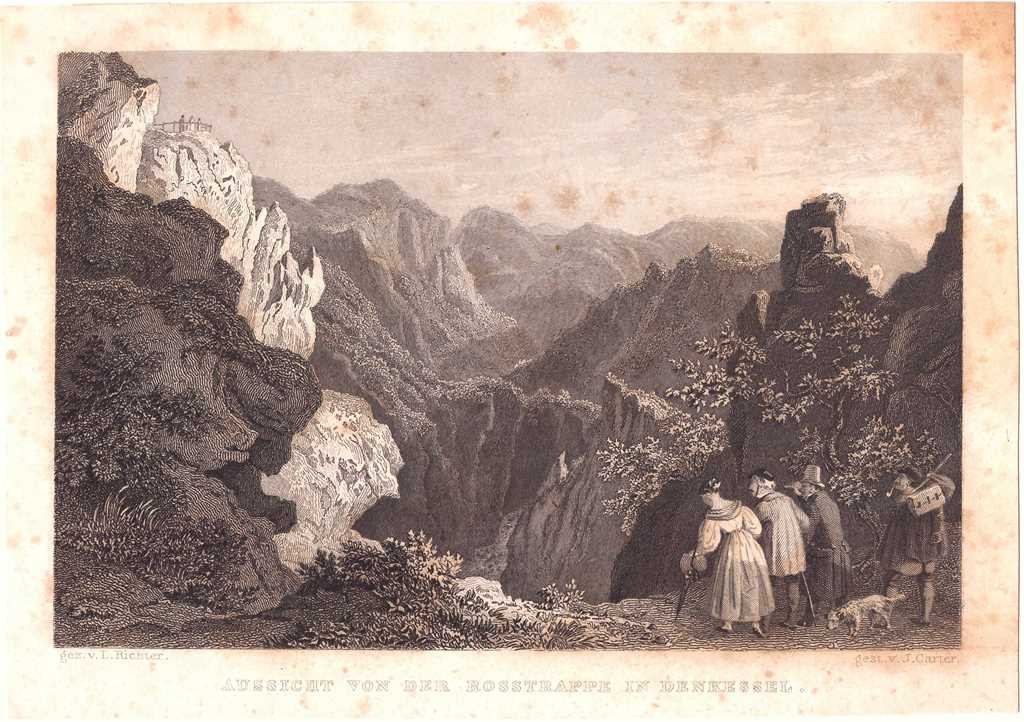Bodetal: Aussicht von der Roßtrappe ins Bodetal, 1838 (aus: Wigand "Wanderung im Harzgebirge") (Schloß Wernigerode GmbH RR-F)