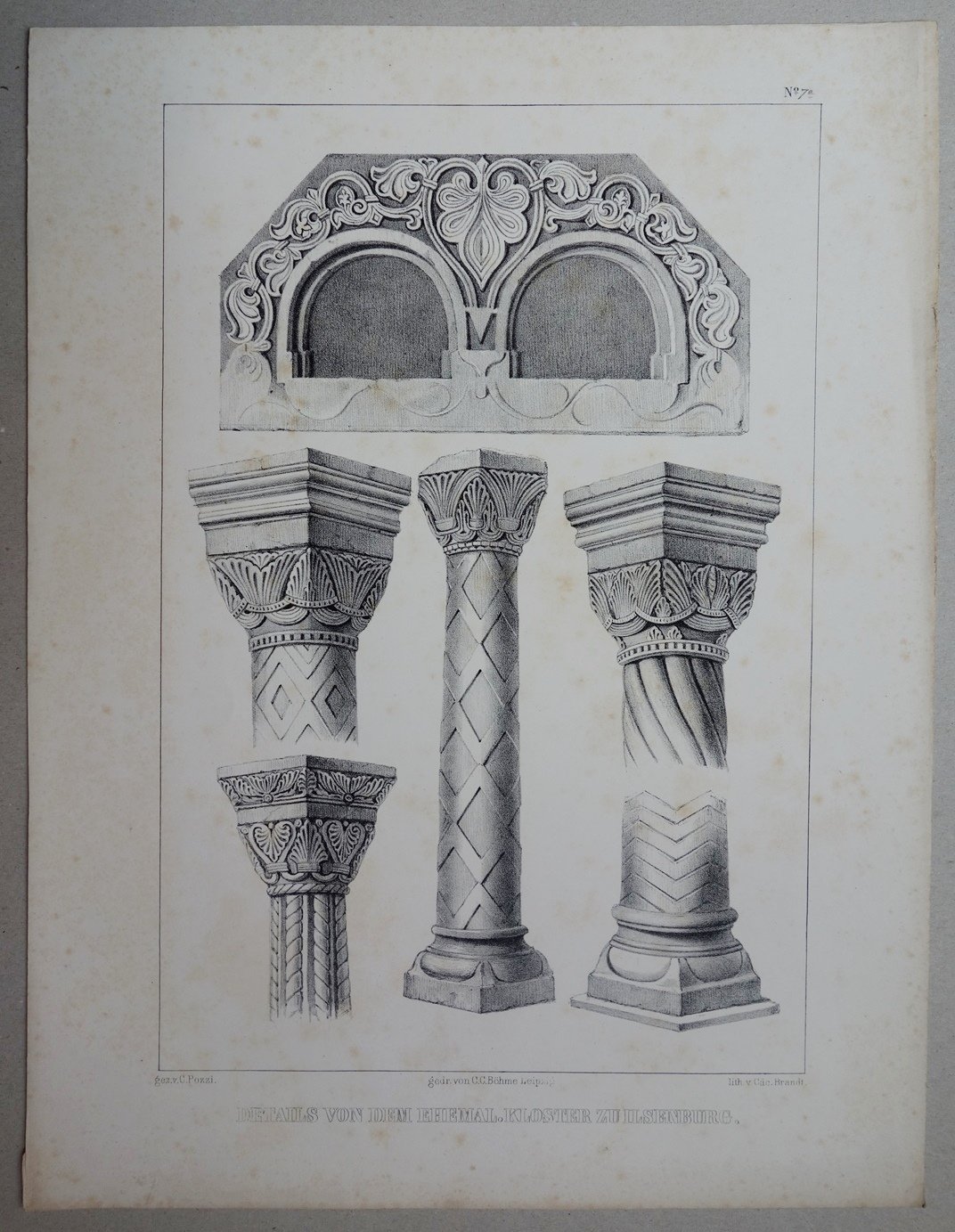 Ilsenburg: Kapitelle, Säulen, Basen und Relief aus der Klosterkirche, 1848 (aus: Brockhaus "Baukunst des Mittelalters") (Schloß Wernigerode GmbH RR-F)