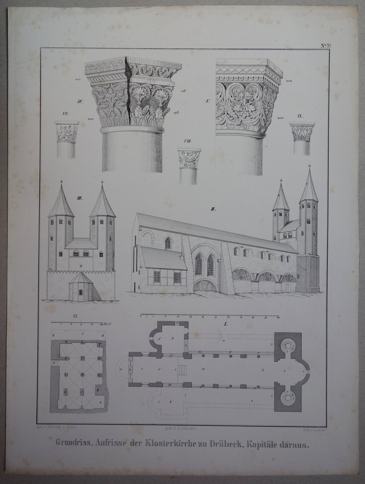 Drübeck: Grundriß, Aufrisse und der Details der Klosterkirche, 1858 (aus: Brockhaus "Baukunst des Mittelalters") (Schloß Wernigerode GmbH RR-F)