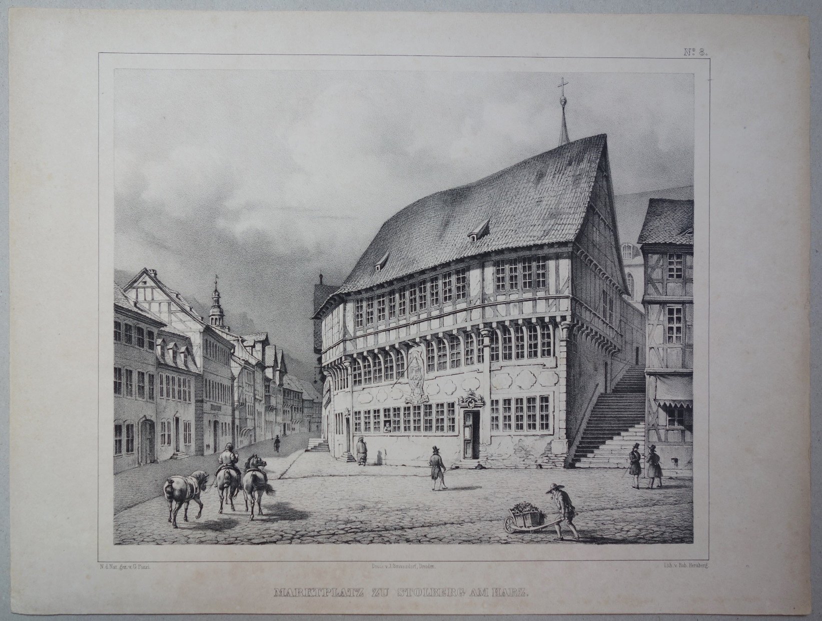 Stolberg (Harz): Marktplatz mit Rathaus, 1848 (aus: Brockhaus "Baukunst des Mittelalters") (Schloß Wernigerode GmbH RR-F)