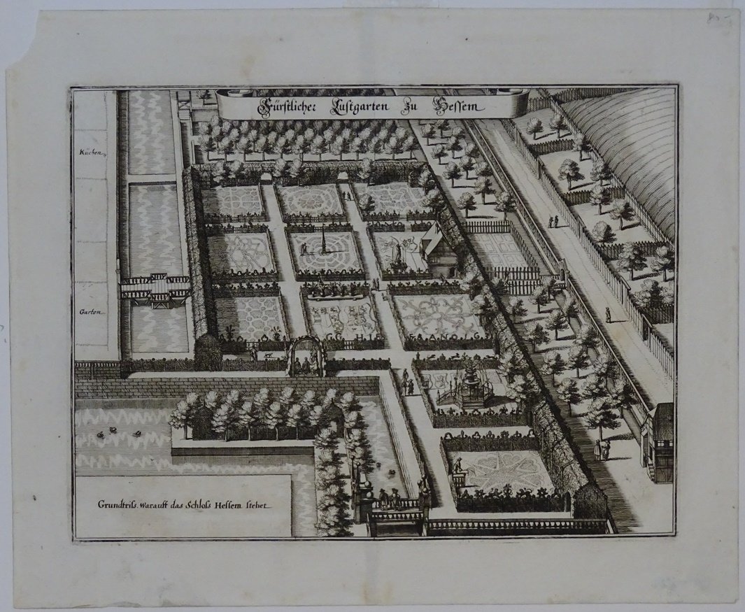 Hessen: Ansicht des Lustgartens aus der Vogelschau, 1654 (aus: Merian "Braunschweig") (Schloß Wernigerode GmbH RR-F)