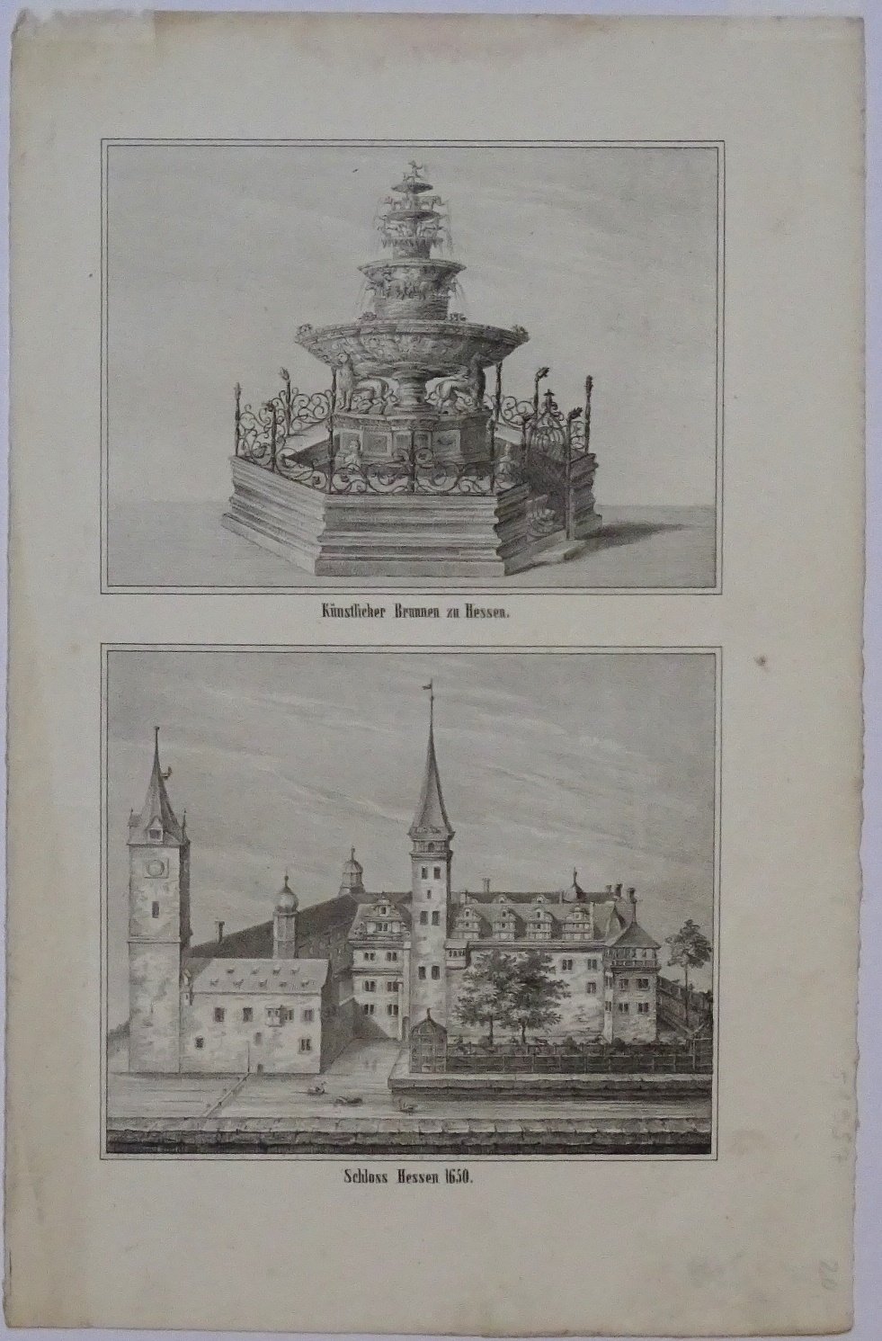 Hessen: Schloss und Brunnen, nach Merian, 1843-1845 (aus: Meinecke "Vaterländische Geschichten") (Schloß Wernigerode GmbH RR-F)