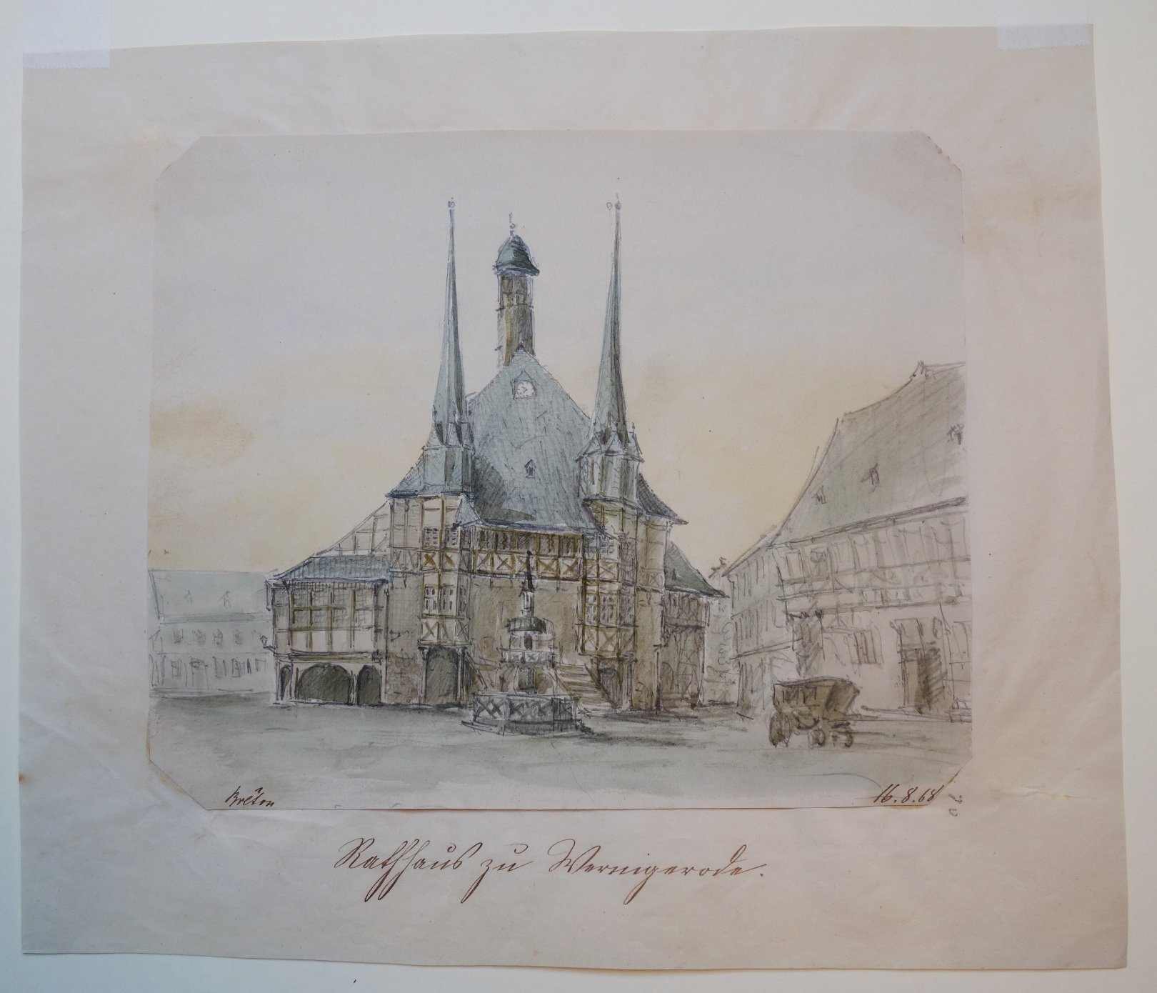 Wernigerode: Marktplatz mit Rathaus, gezeichnet von Breton, 16. August 1868 (Schloß Wernigerode GmbH RR-F)