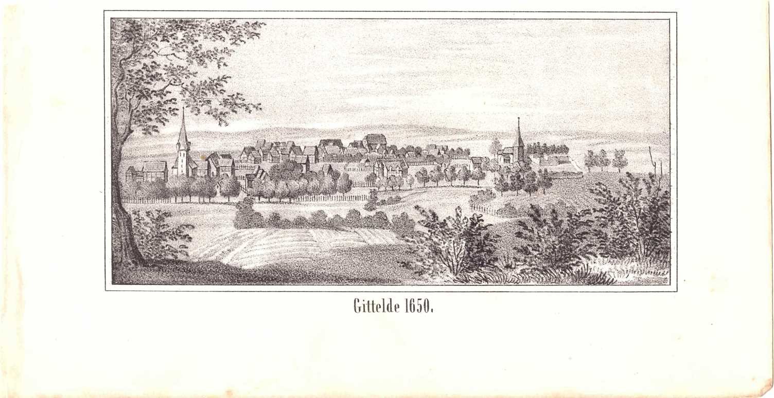 Gittelde: Stadt, nach Merian, 1843-1845 (aus: Meinecke "Vaterländische Geschichten") (Schloß Wernigerode GmbH RR-F)