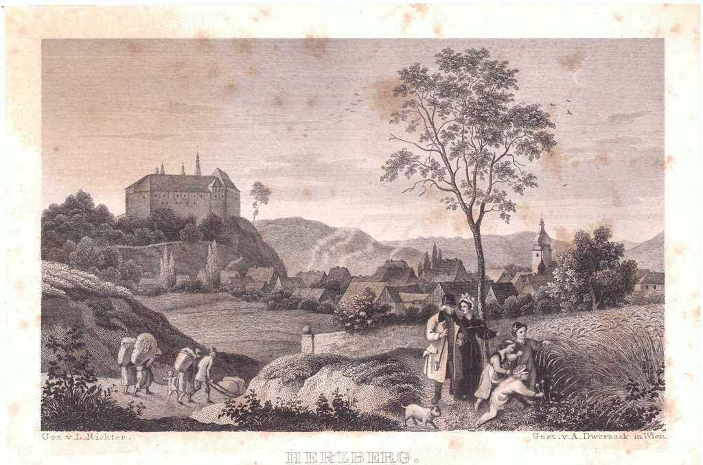 Herzberg am Harz: Schloss und Stadt von Süden, 1838 (aus: Wigand "Wanderung durch den Harz") (Schloß Wernigerode GmbH RR-F)