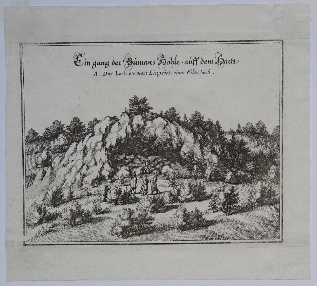 Rübeland: Eingang der Baumannshöhle oberhalb von Rübeland, 1654 (aus: Merian "Braunschweig") (Schloß Wernigerode GmbH RR-F)