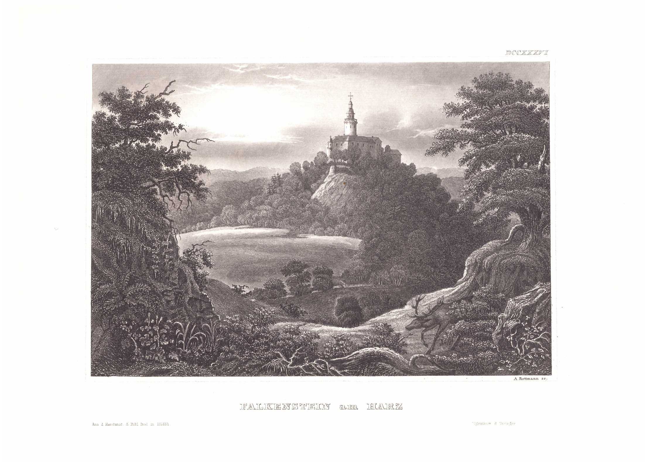 Falkenstein: Burg aus der Ferne von Nordwesten, 1863 (aus: Meyer "Universum"?) (Schloß Wernigerode GmbH RR-F)