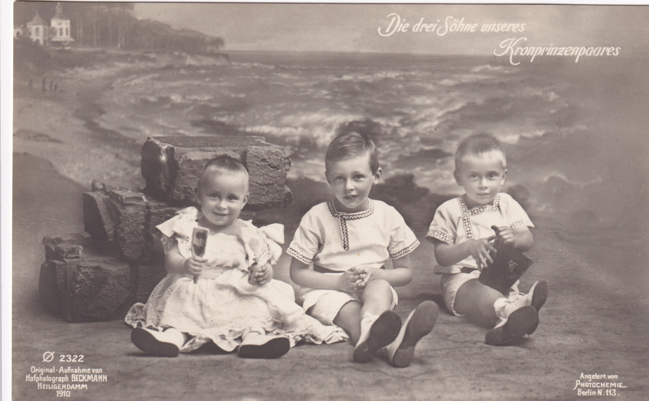 Bildpostkarte mit drei Söhnen des Kronprinzenpaares in Heiligendamm, 1910 (Schloß Wernigerode GmbH RR-F)