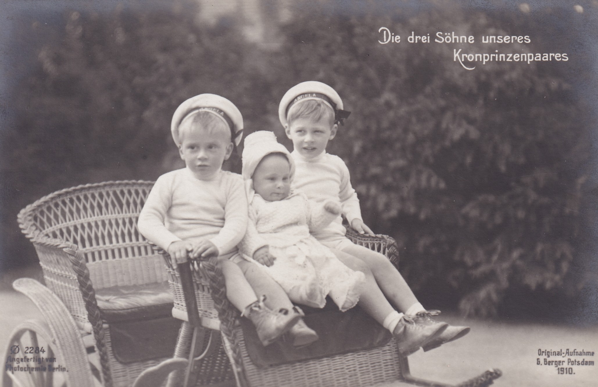Bildpostkarte mit drei Söhnen des Kronprinzenpaares in einer Kutsche, 1910 (Schloß Wernigerode GmbH RR-F)