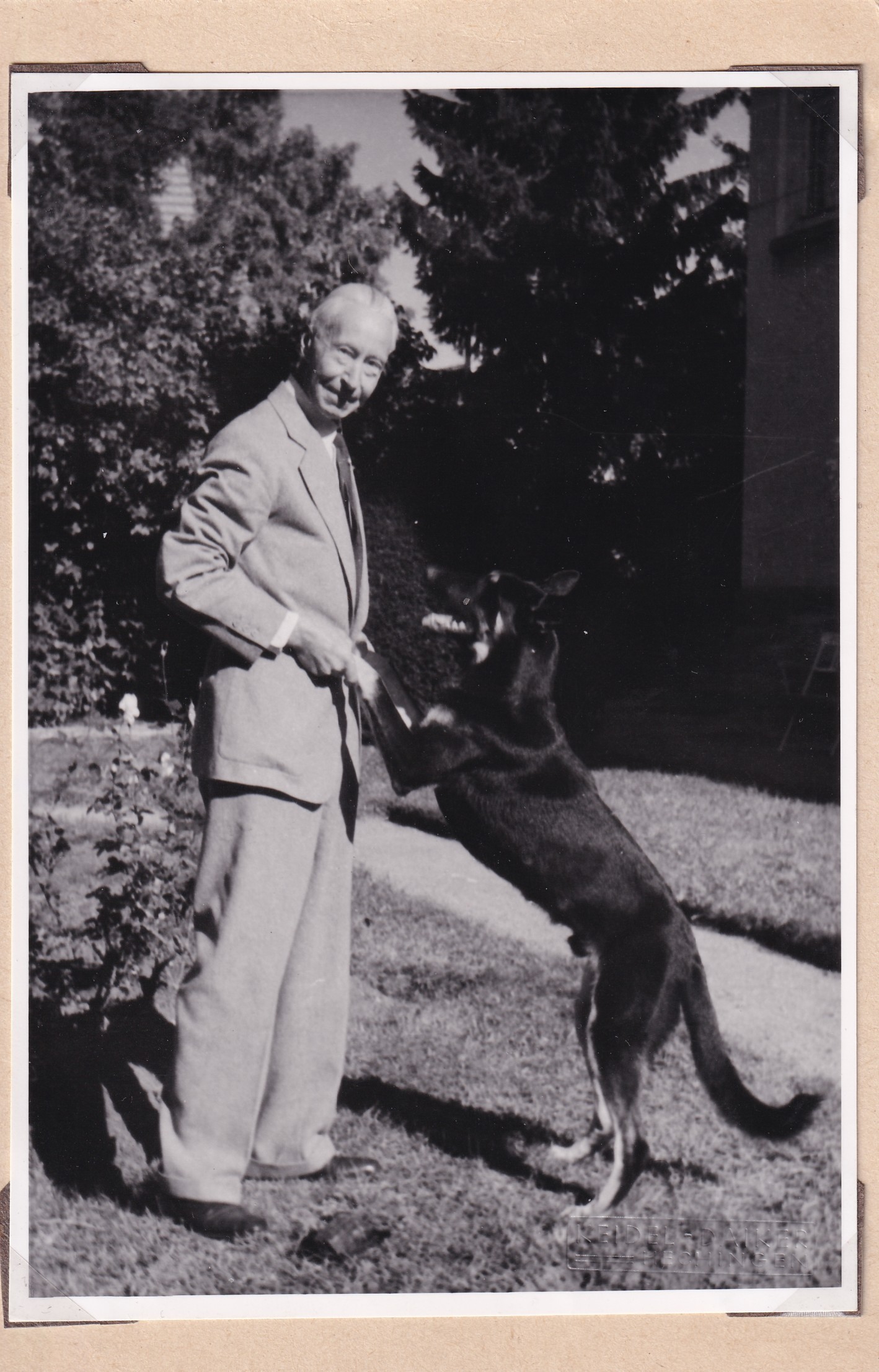 Foto des ehemaligen Kronprinzen Wilhelm mit Hund auf eine Feldpostkarte geklebt, 1950 (Schloß Wernigerode GmbH RR-F)