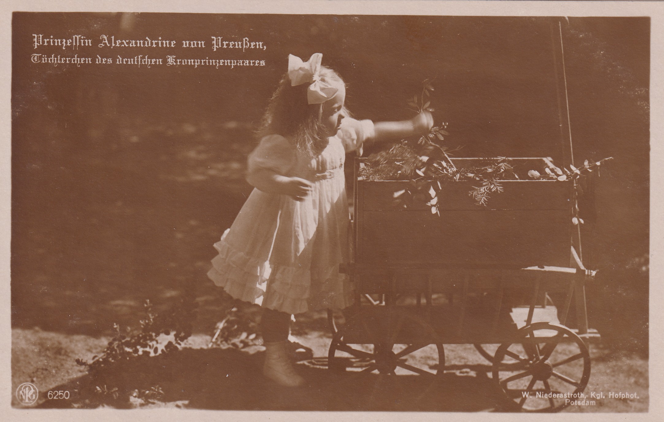 Bildpostkarte mit Foto der Prinzessin Alexandrine von Preußen (1915-1980) mit Leiterwagen, 1917. (Schloß Wernigerode GmbH RR-F)