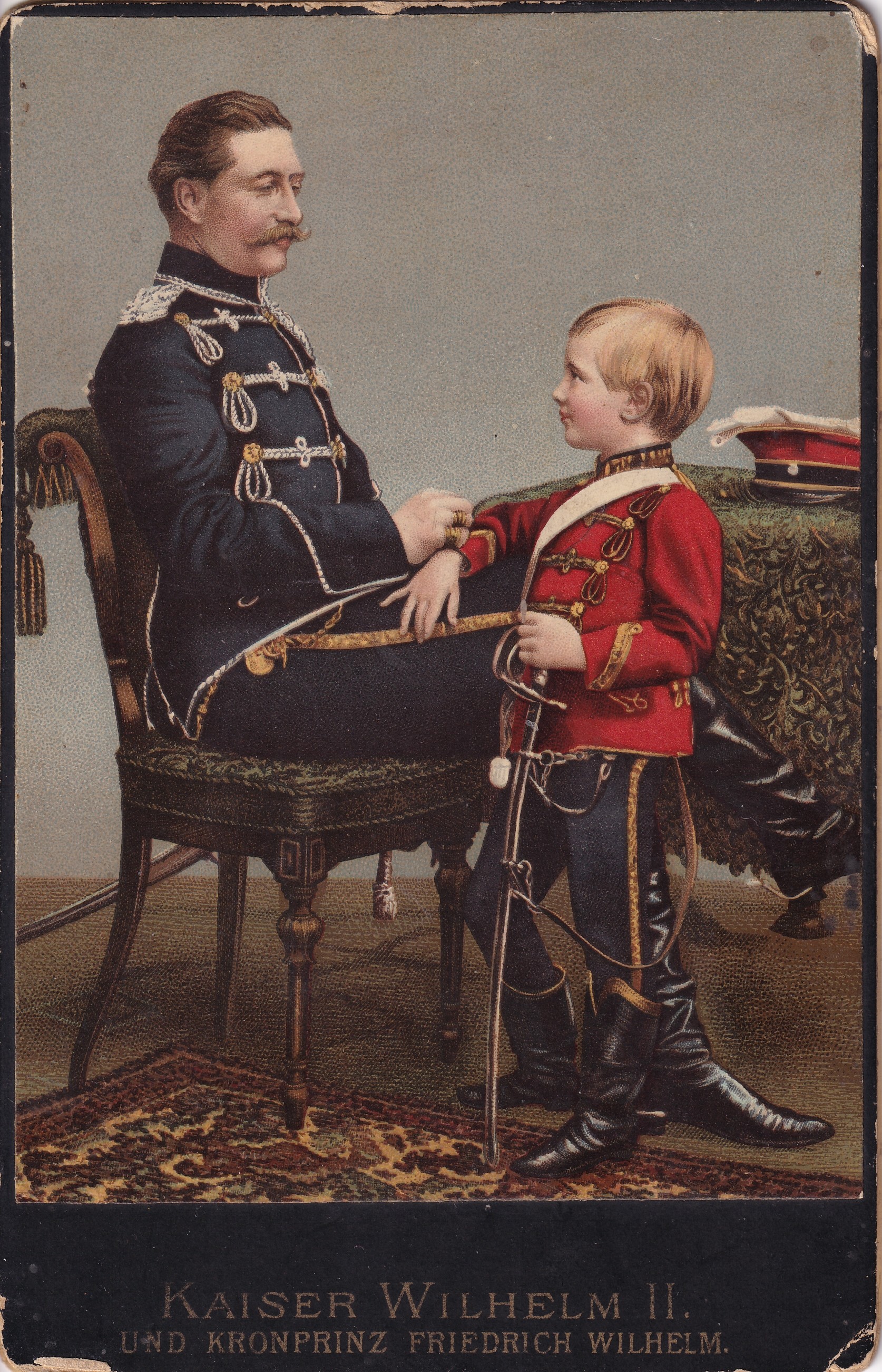 Kolorierte, aufgezogene Fotografie Kaiser Wilhelms II. mit seinem ältesten Sohn Kronprinz Friedrich Wilhelm, 1887 oder später. (Schloß Wernigerode GmbH RR-F)