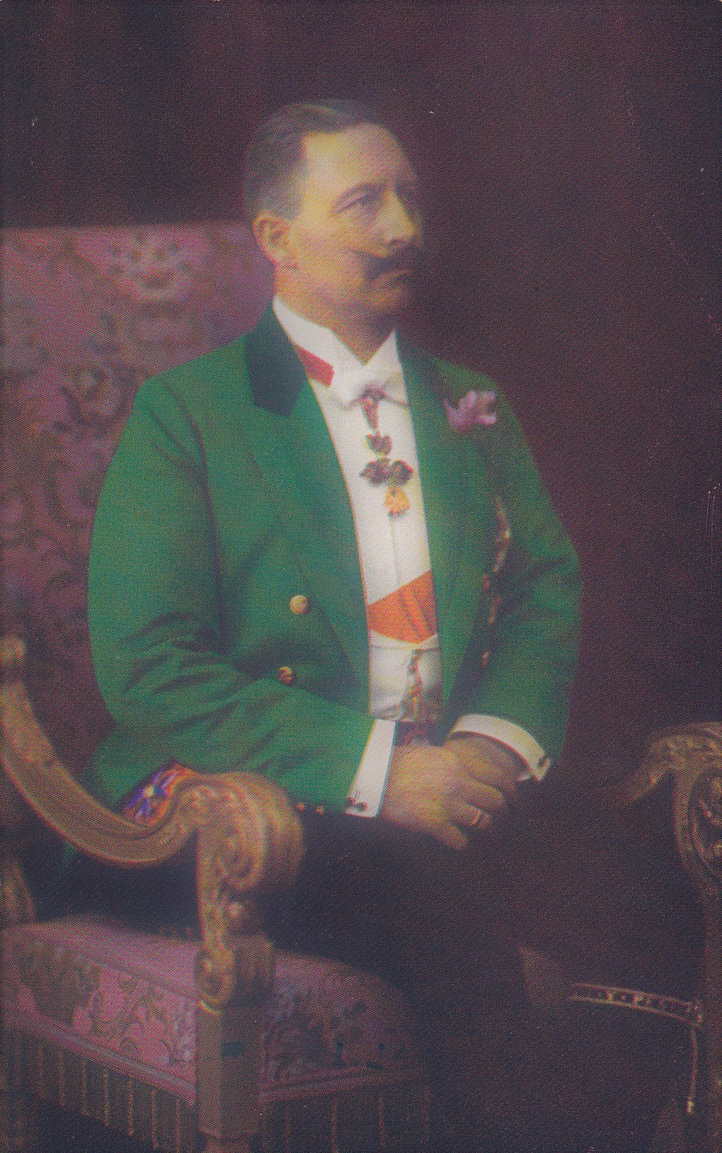 Bildpostkarte mit Porträt Kaiser Wilhelms II. (1859-1941) im grünen Frack als Dreifarbendruck, 1906 (Schloß Wernigerode GmbH RR-F)