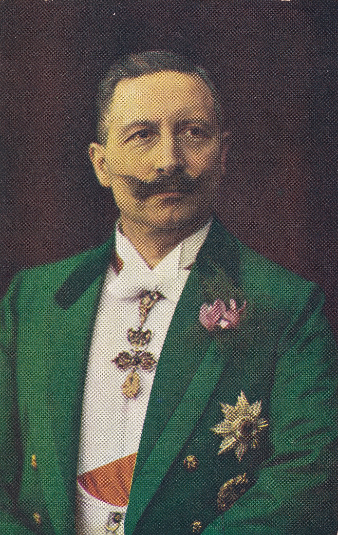Bildpostkarte mit Porträt Kaiser Wilhelms II. (1859-1941) im grünen Frack als Dreifarbendruck, 1906 (Schloß Wernigerode GmbH RR-F)