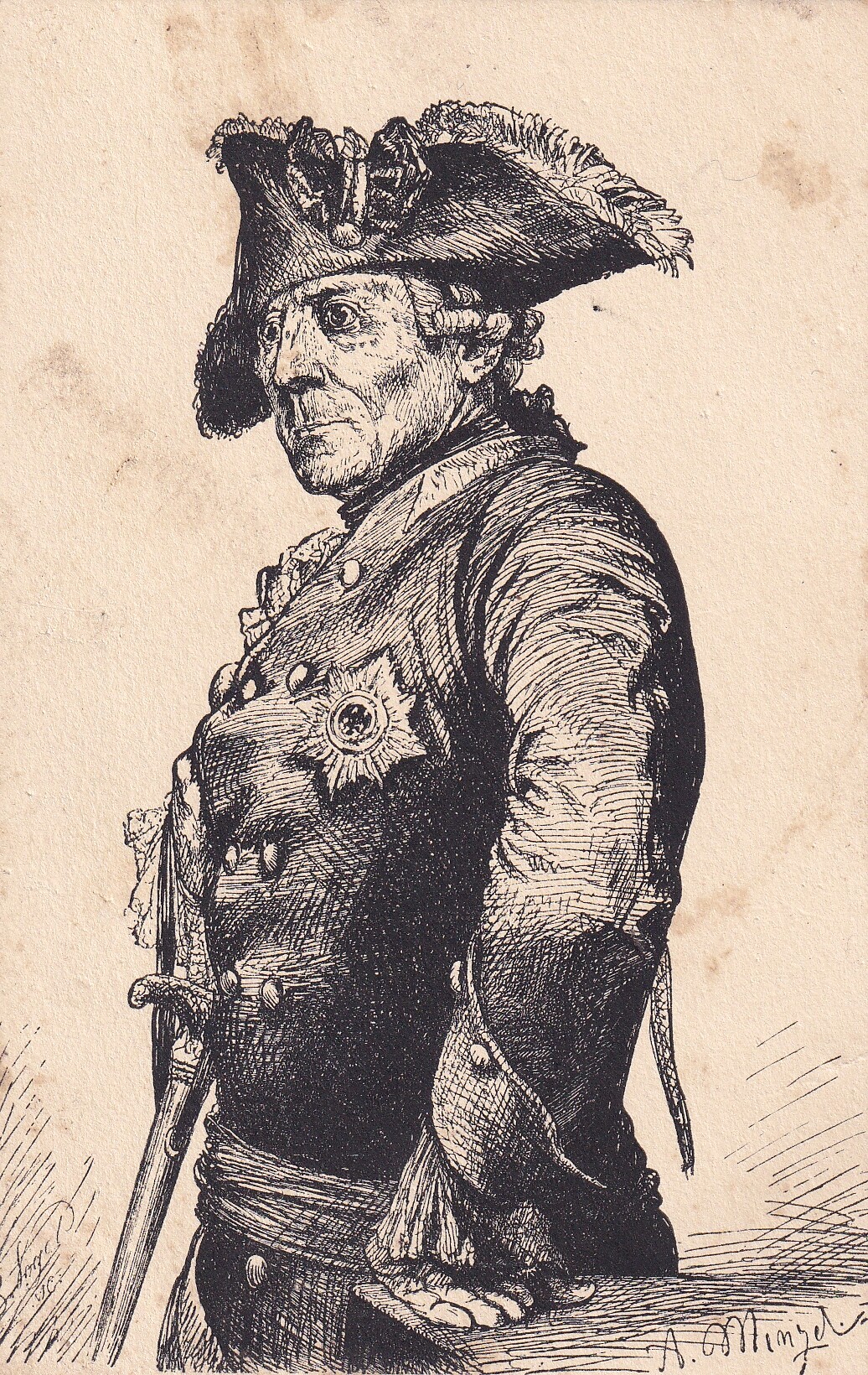 Bildpostkarte mit Reproduktion eines grafischen Porträts König Friedrichs II. von Preußen (1712-1786) von Adolph Menzel (1815-1905), um 1920 (Schloß Wernigerode GmbH RR-F)